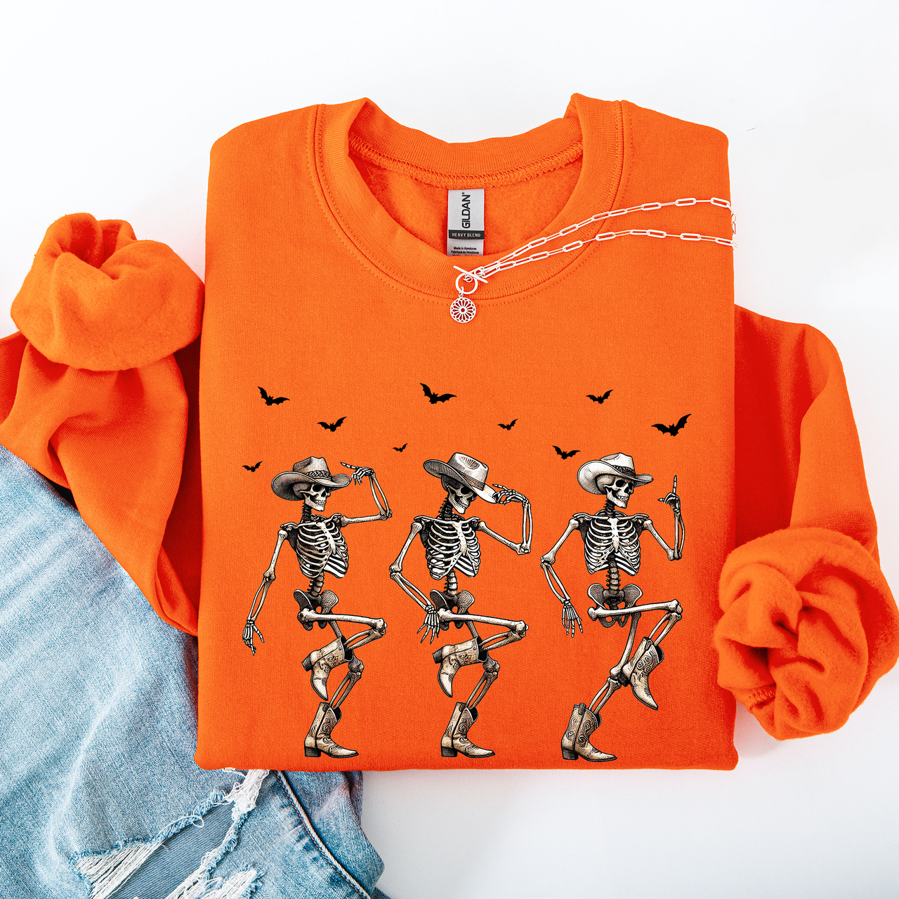 Dancing Cowboy Skeletons Halloween Bats Western Night Parade Cozy Graphic Sweatshirt