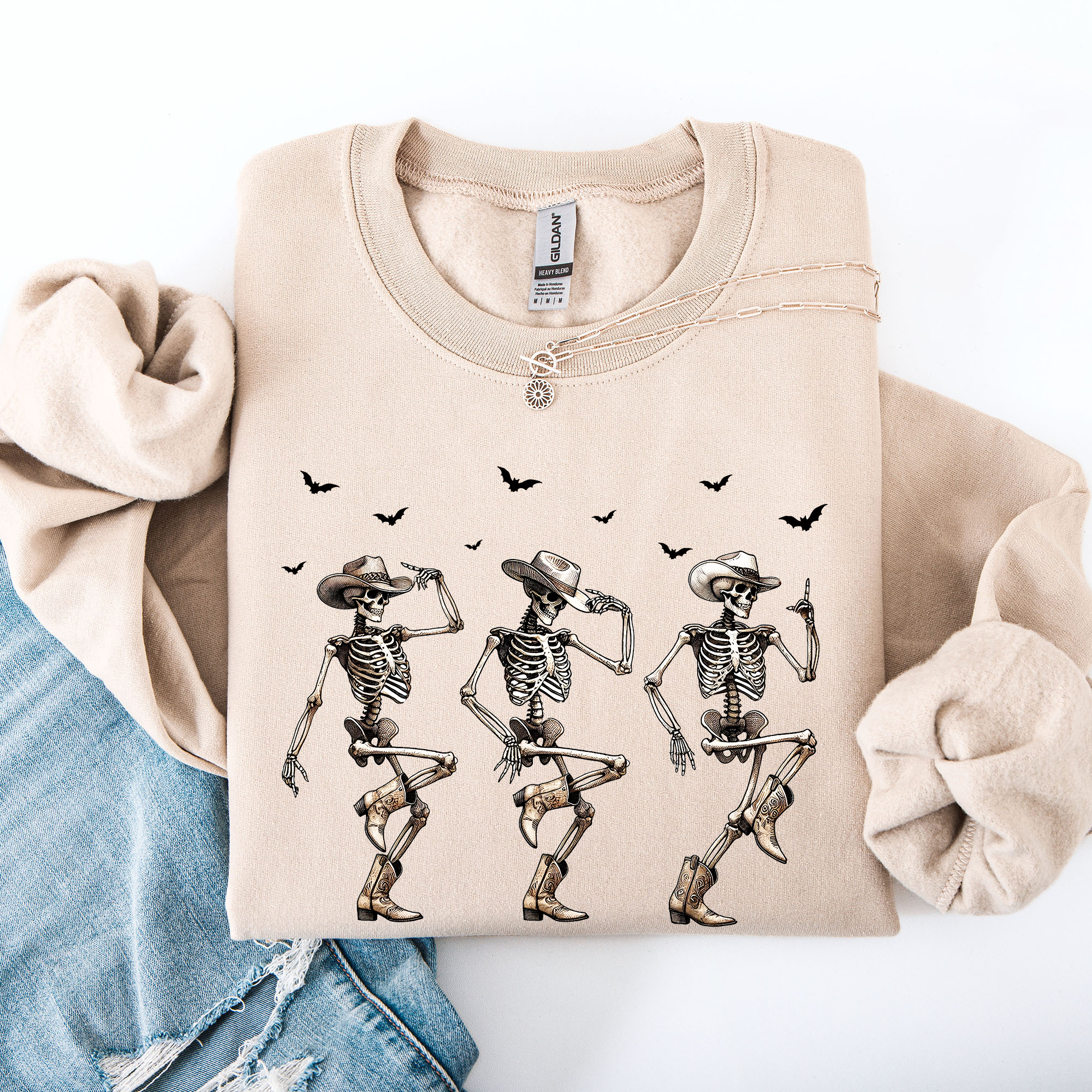 Dancing Cowboy Skeletons Halloween Bats Western Night Parade Cozy Graphic Sweatshirt