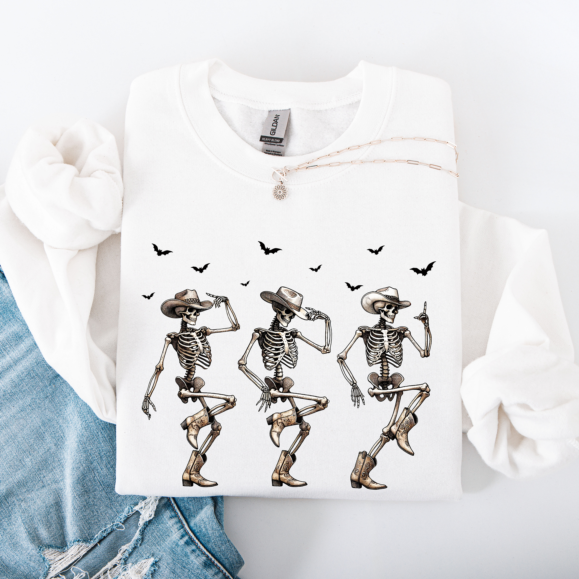 Dancing Cowboy Skeletons Halloween Bats Western Night Parade Cozy Graphic Sweatshirt