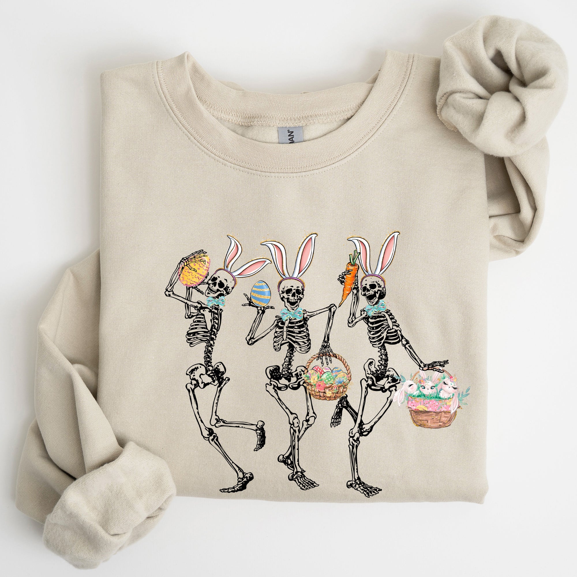 Dancing Easter Skeleton, Rabbit, Bunnies Celebration Artwork For Festive Wardrobe Sweatshirt
