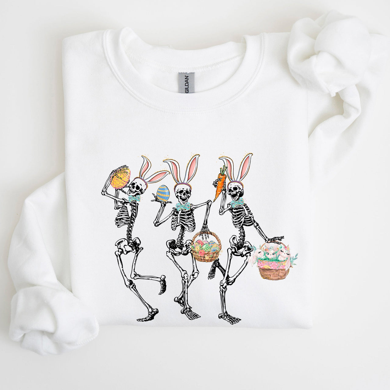 Dancing Easter Skeleton, Rabbit, Bunnies Celebration Artwork For Festive Wardrobe Sweatshirt