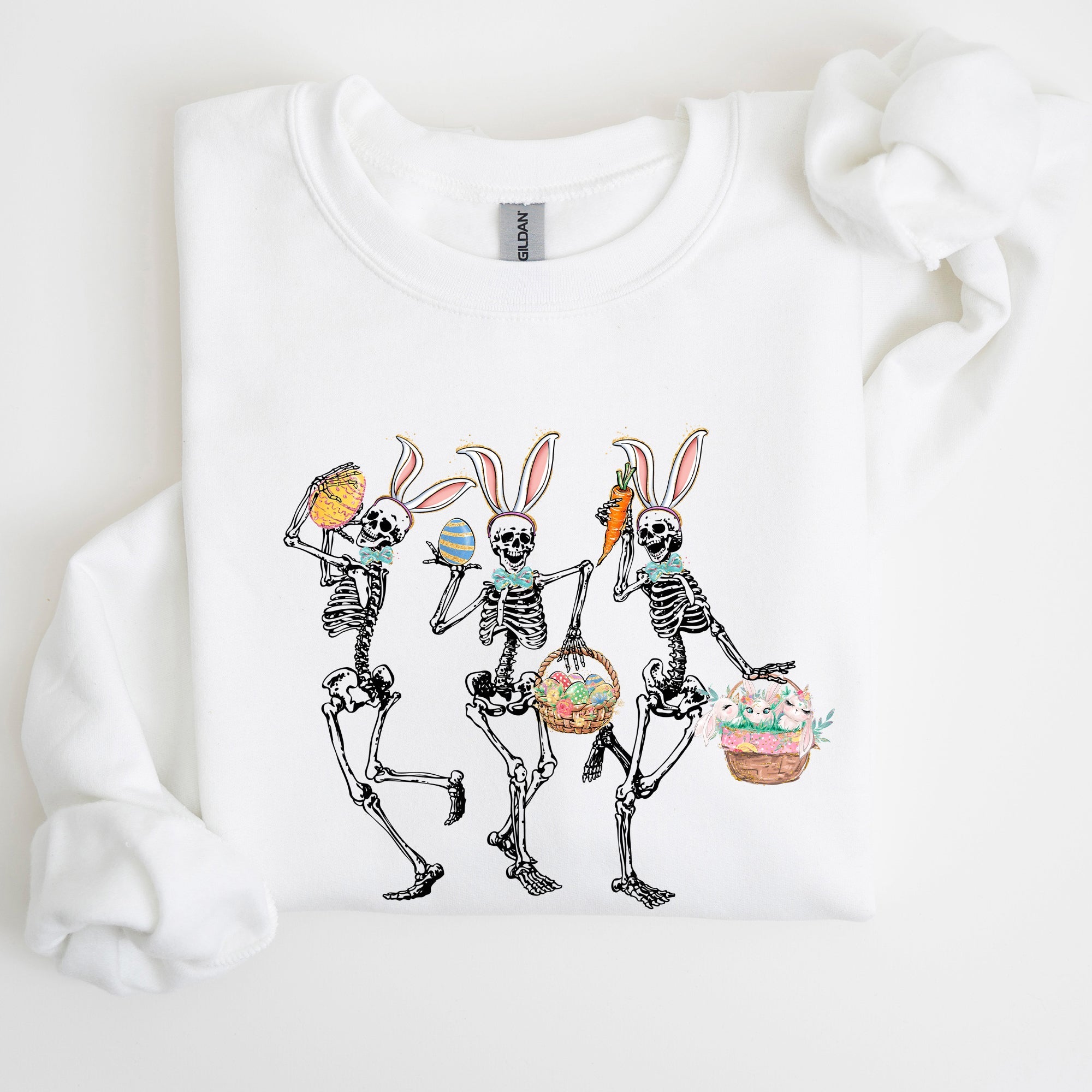 Dancing Easter Skeleton, Rabbit, Bunnies Celebration Artwork For Festive Wardrobe Sweatshirt