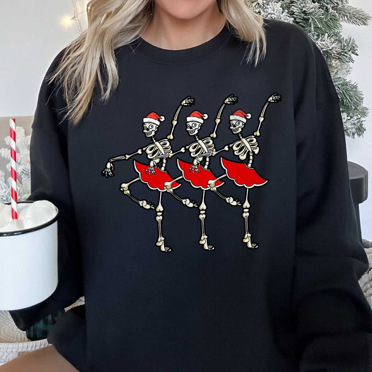 Dancing Skeleton Santa Girls Festive Holiday Parade Graphic Print Cozy Cotton Comfort Fit Sweatshirt