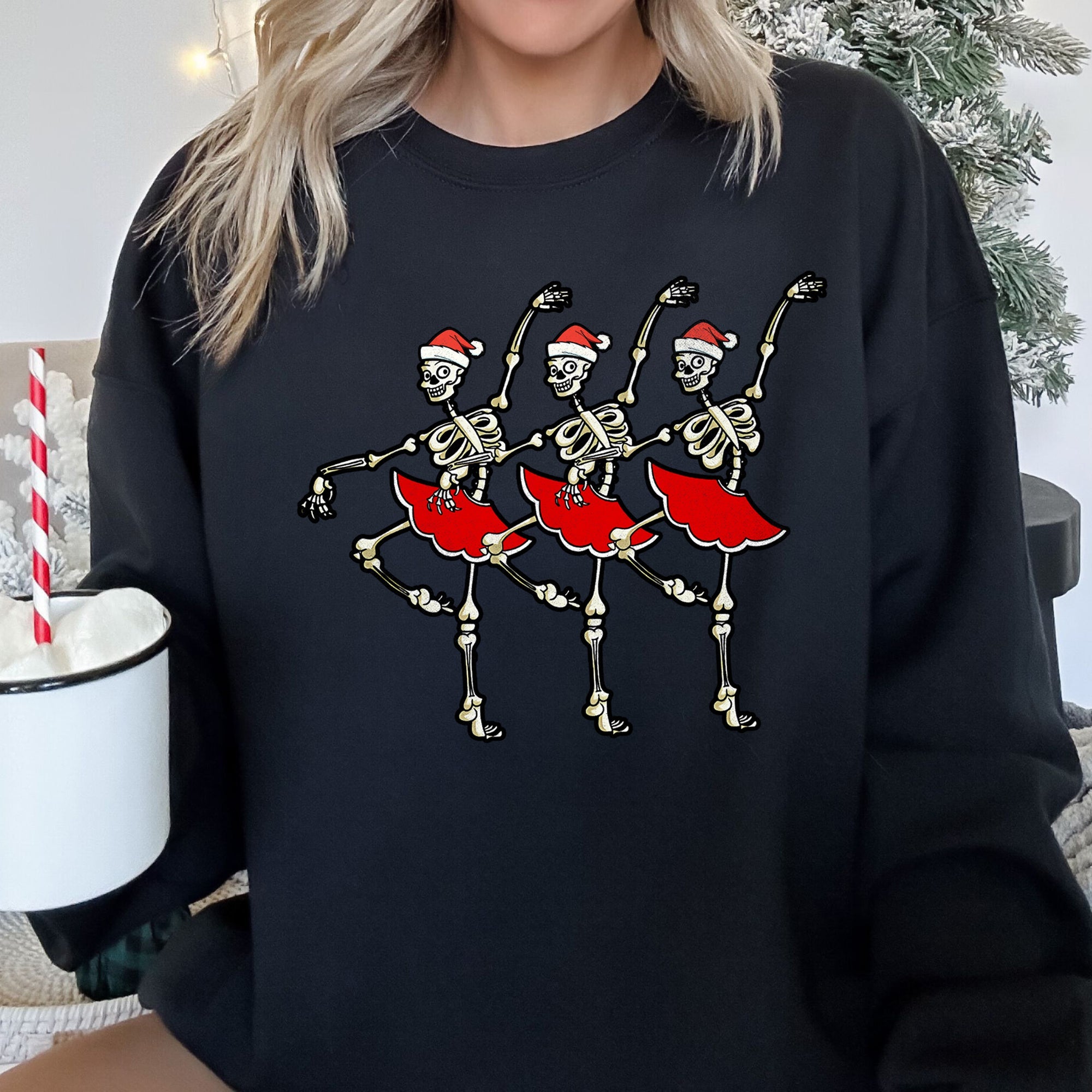 Dancing Skeleton Santa Girls Festive Holiday Parade Graphic Print Cozy Cotton Comfort Fit Sweatshirt