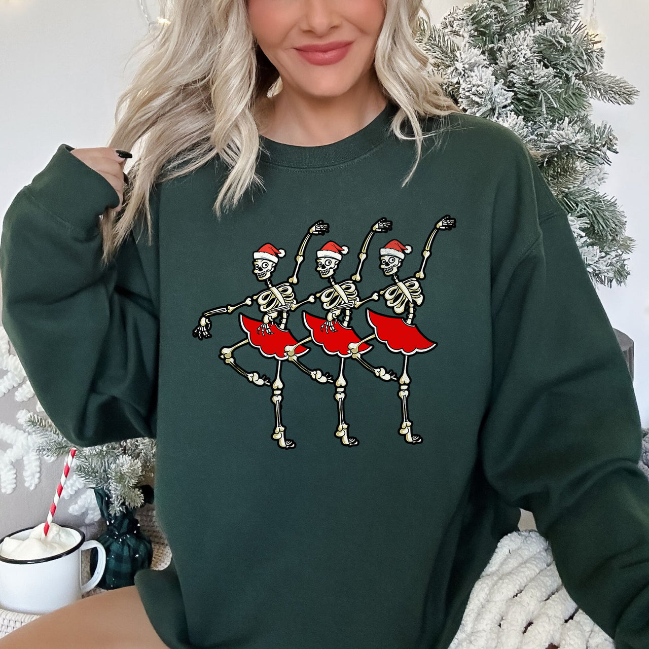 Dancing Skeleton Santa Girls Festive Holiday Parade Graphic Print Cozy Cotton Comfort Fit Sweatshirt