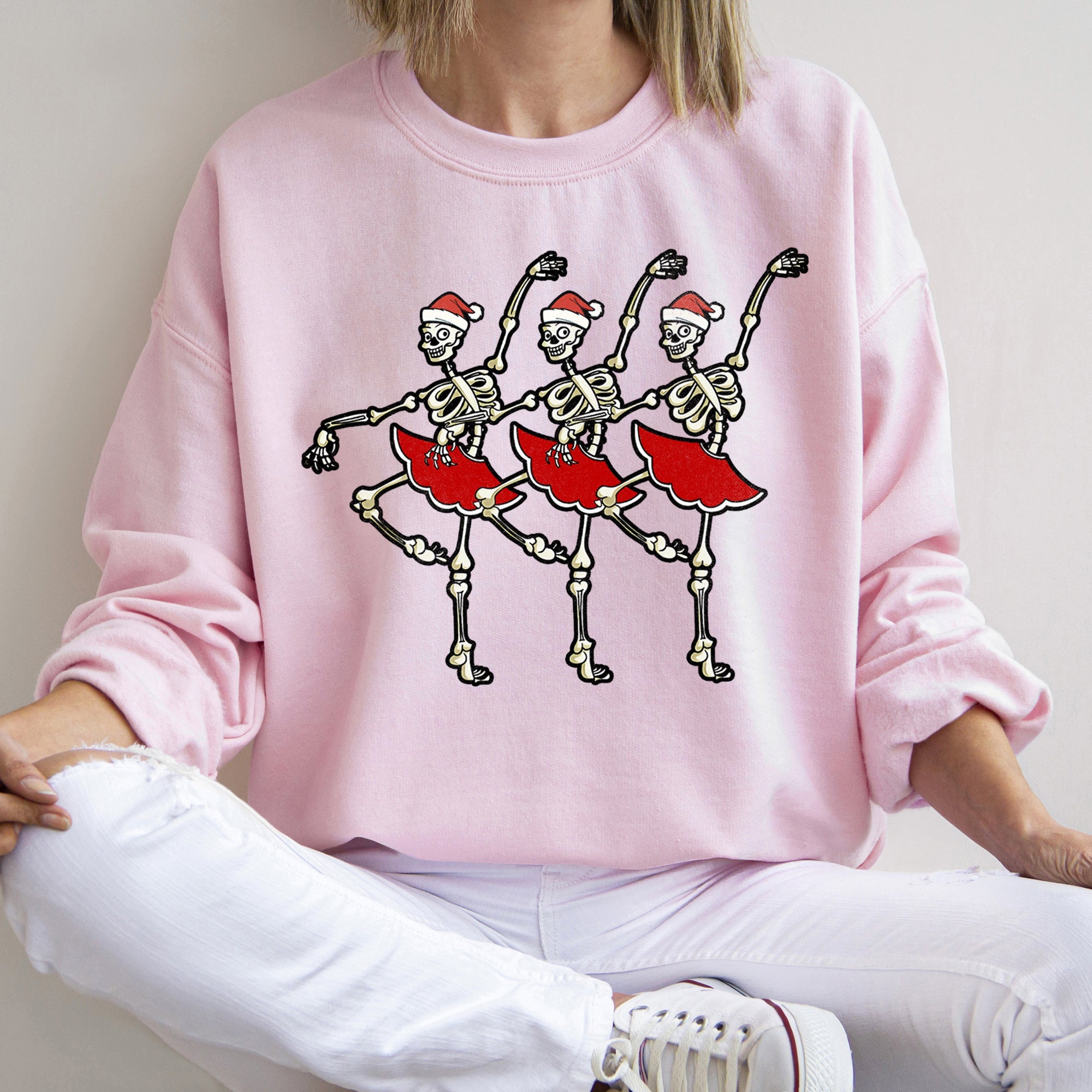 Dancing Skeleton Santa Girls Festive Holiday Parade Graphic Print Cozy Cotton Comfort Fit Sweatshirt