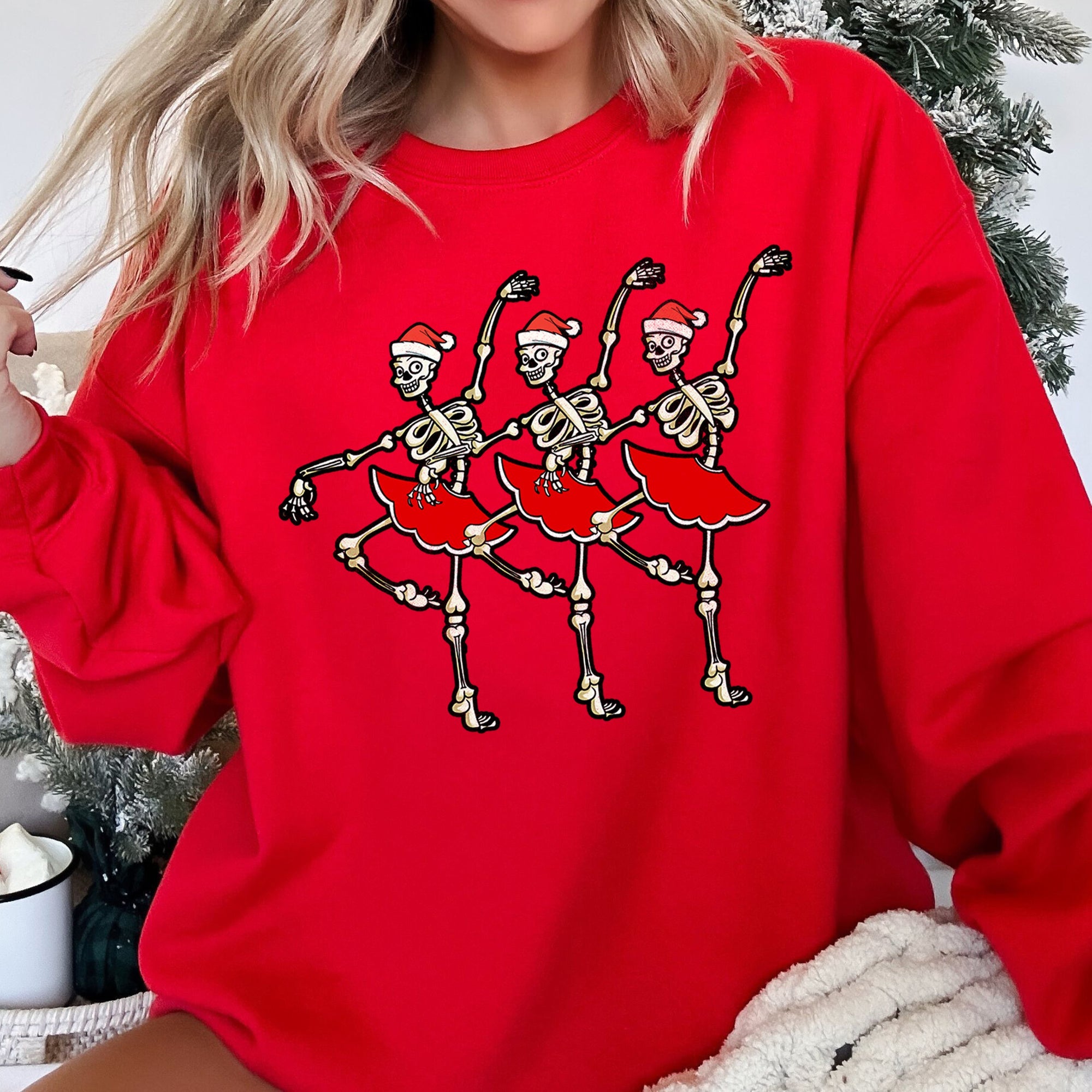 Dancing Skeleton Santa Girls Festive Holiday Parade Graphic Print Cozy Cotton Comfort Fit Sweatshirt