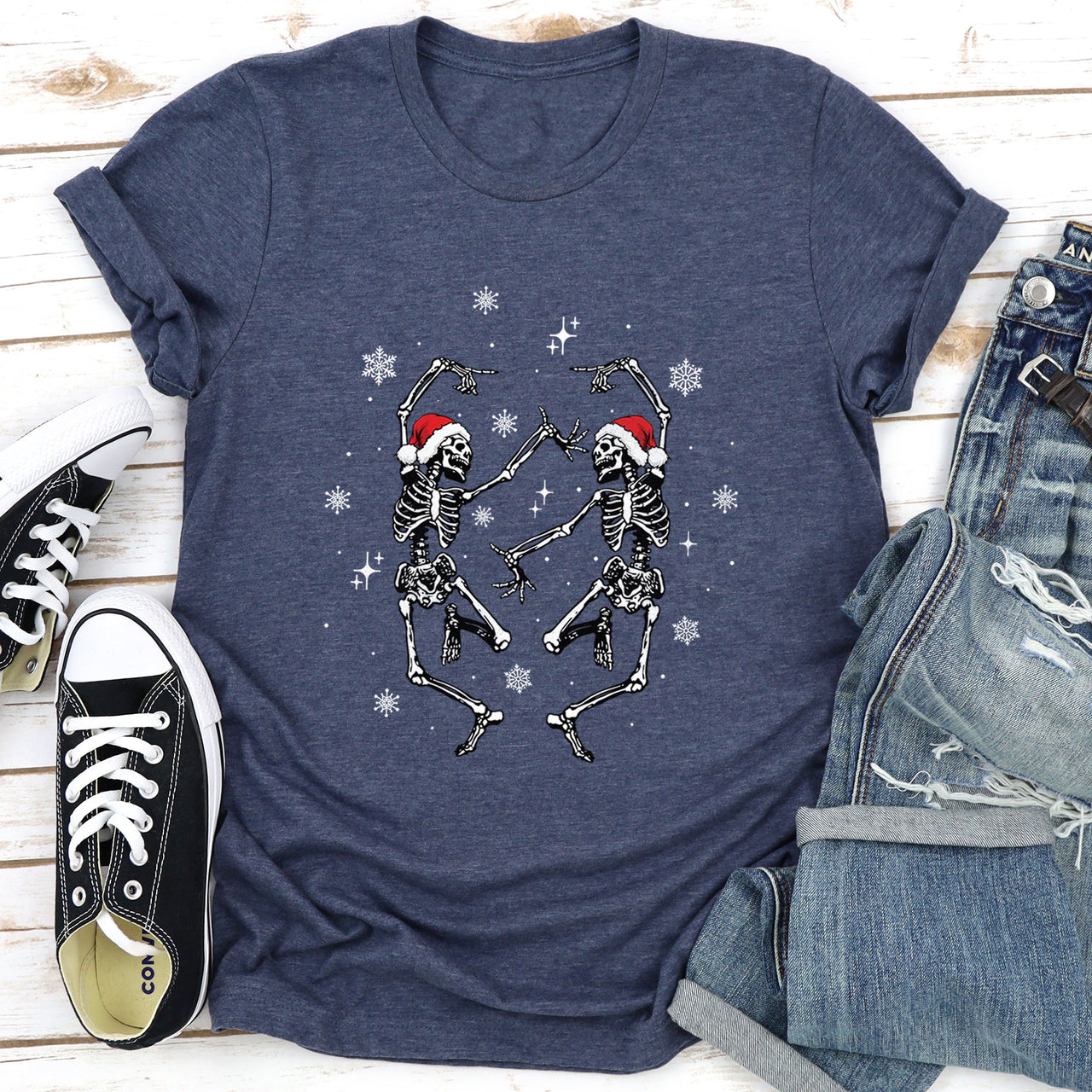 Dancing Skeletons Christmas Winter Snowflakes Snow Holiday Scene Limited Edition Graphic Tee
