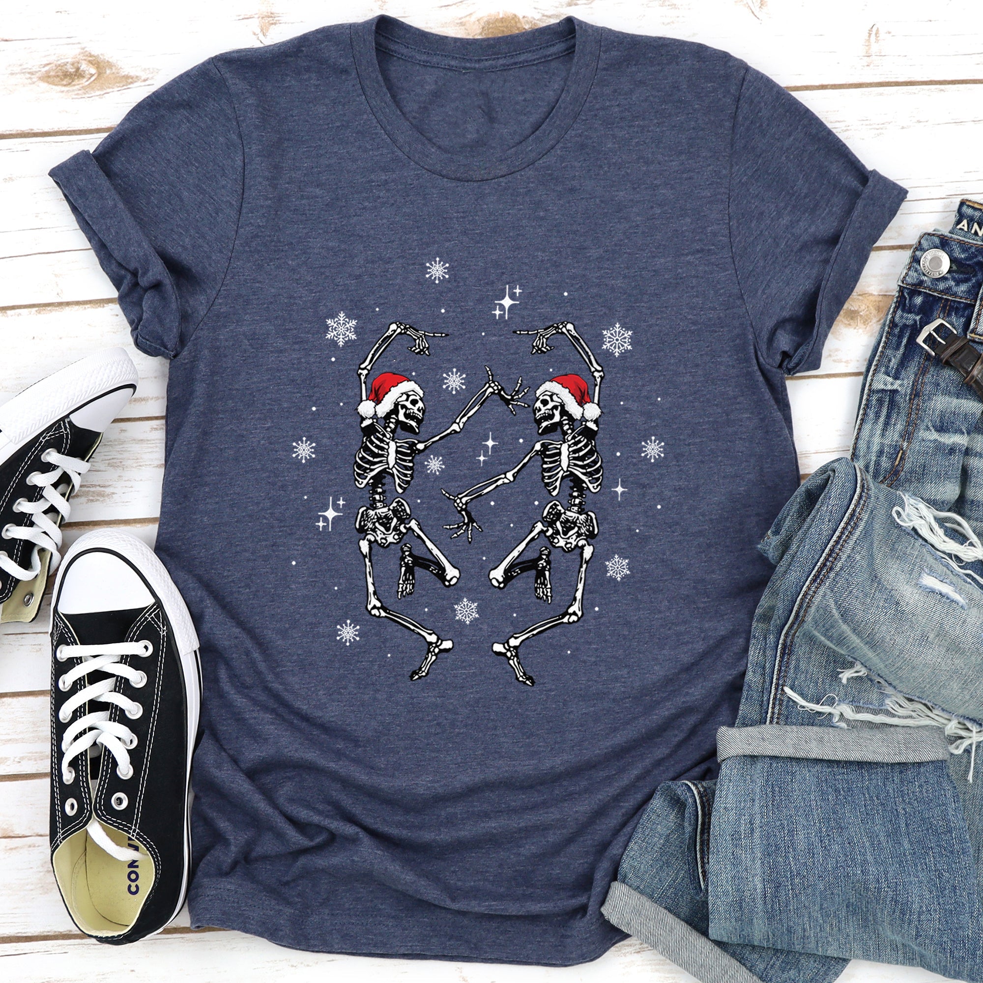 Dancing Skeletons Christmas Winter Snowflakes Snow Holiday Scene Limited Edition Graphic Tee
