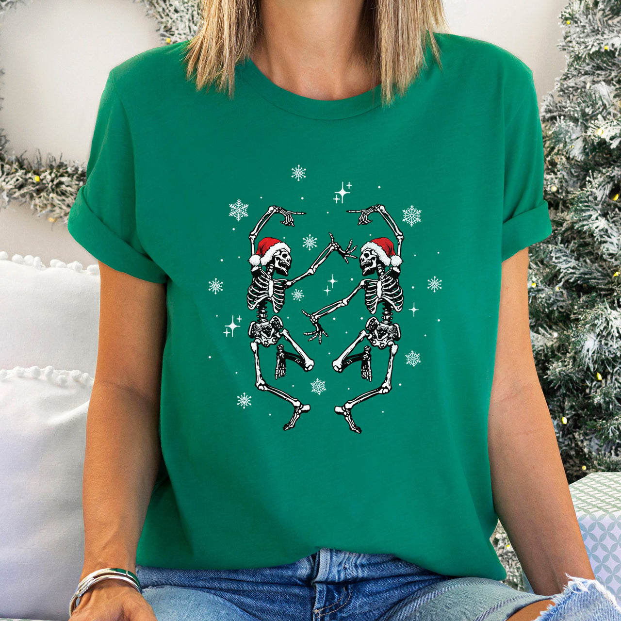 Dancing Skeletons Christmas Winter Snowflakes Snow Holiday Scene Limited Edition Graphic Tee