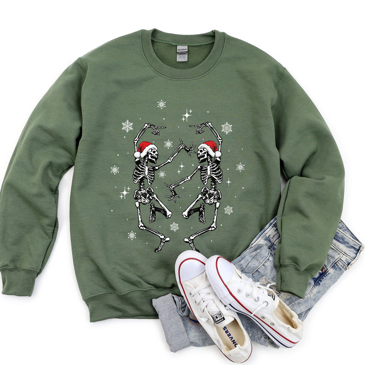 Dancing Skeletons Vintage Christmas Illustration Festive Holiday Parade Sweatshirt