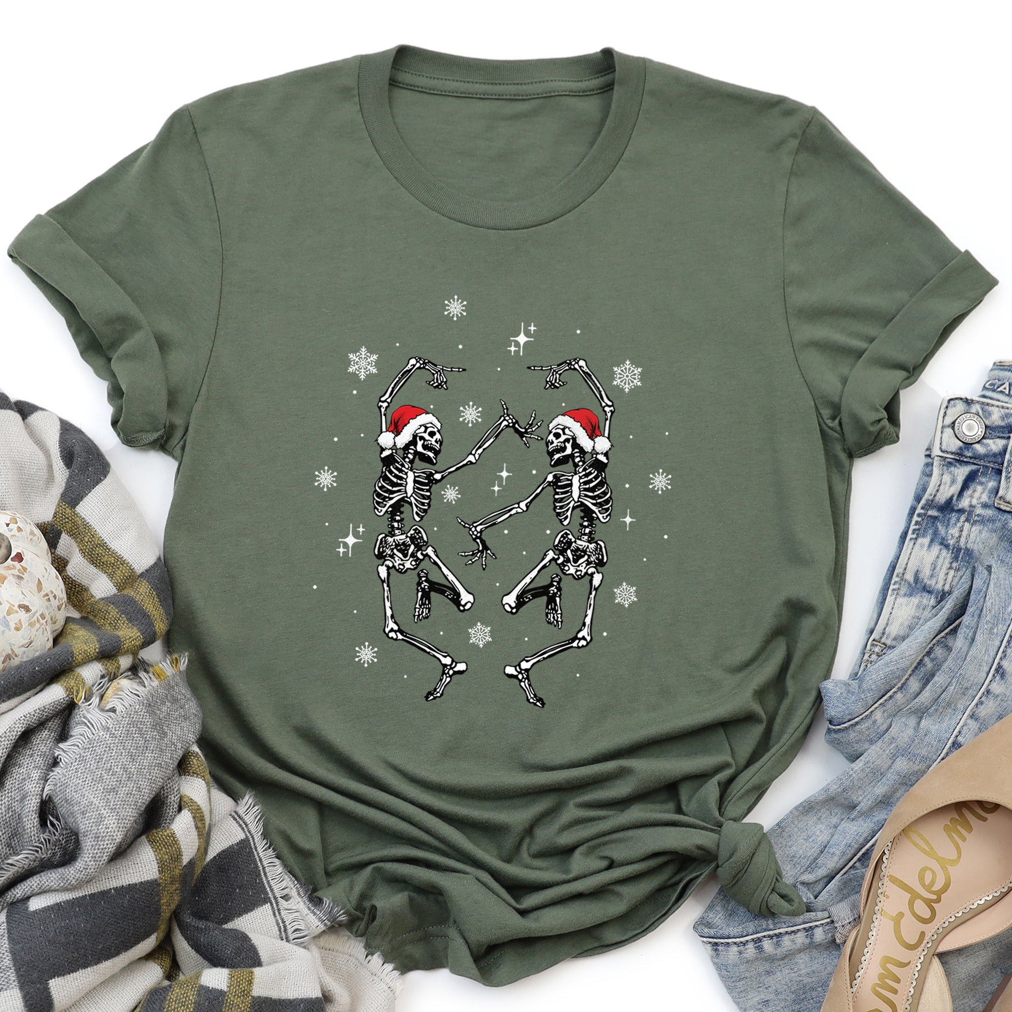Dancing Skeletons Christmas Winter Snowflakes Snow Holiday Scene Limited Edition Graphic Tee