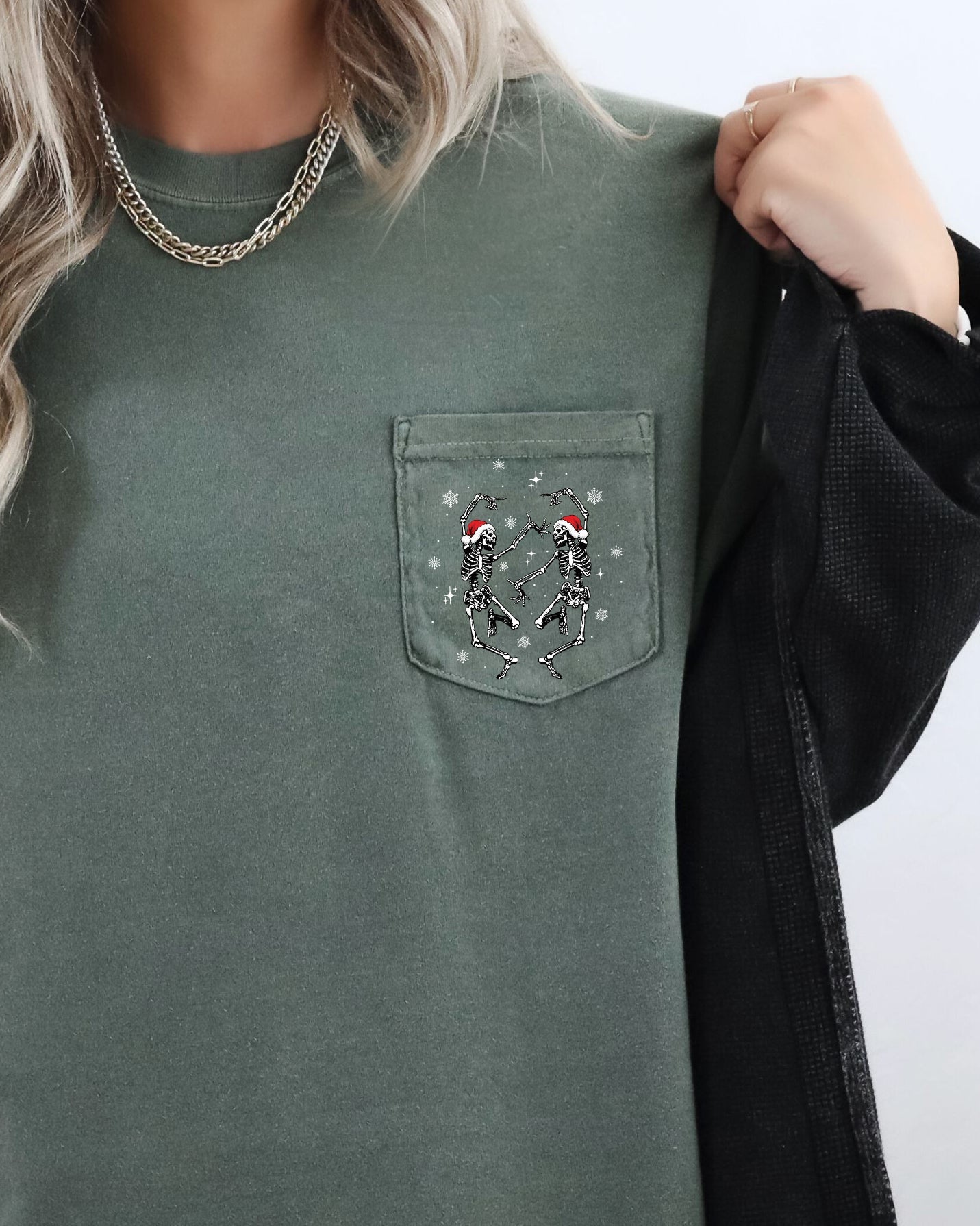 Dancing Skeletons Christmas Santa Snow Winter Xmas Pocket Design Comfort Colors Tee