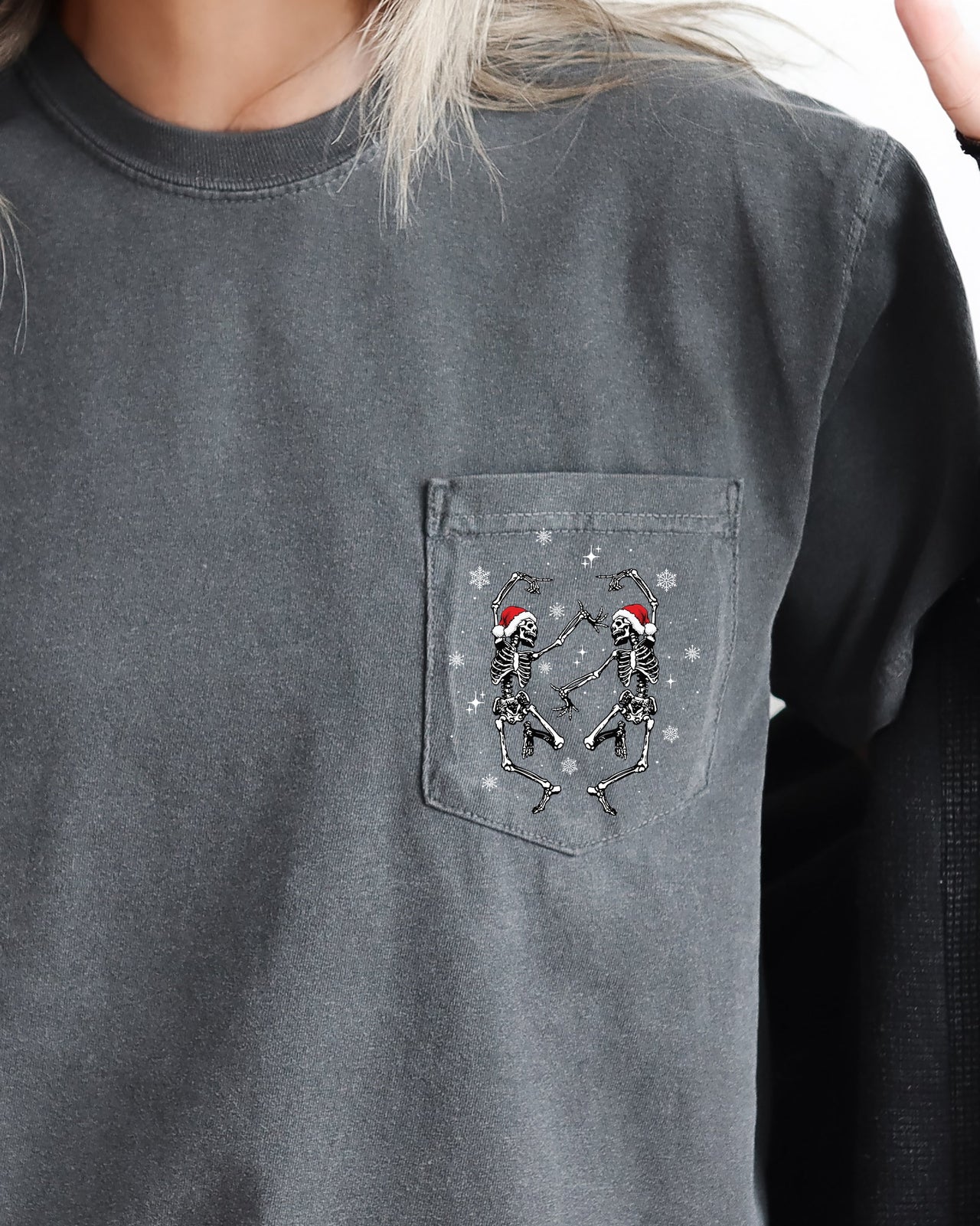 Dancing Skeletons Christmas Santa Snow Winter Xmas Pocket Design Comfort Colors Tee