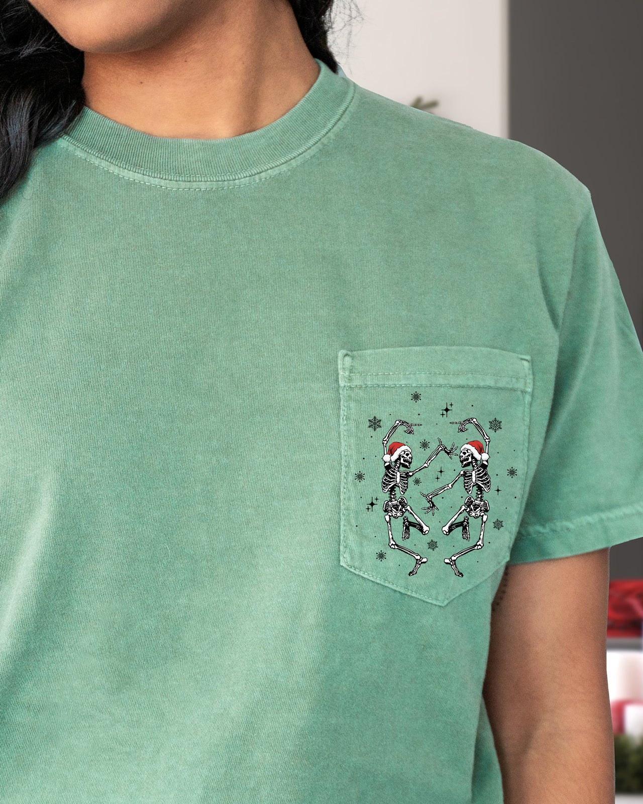 Dancing Skeletons Christmas Santa Snow Winter Xmas Pocket Design Comfort Colors Tee