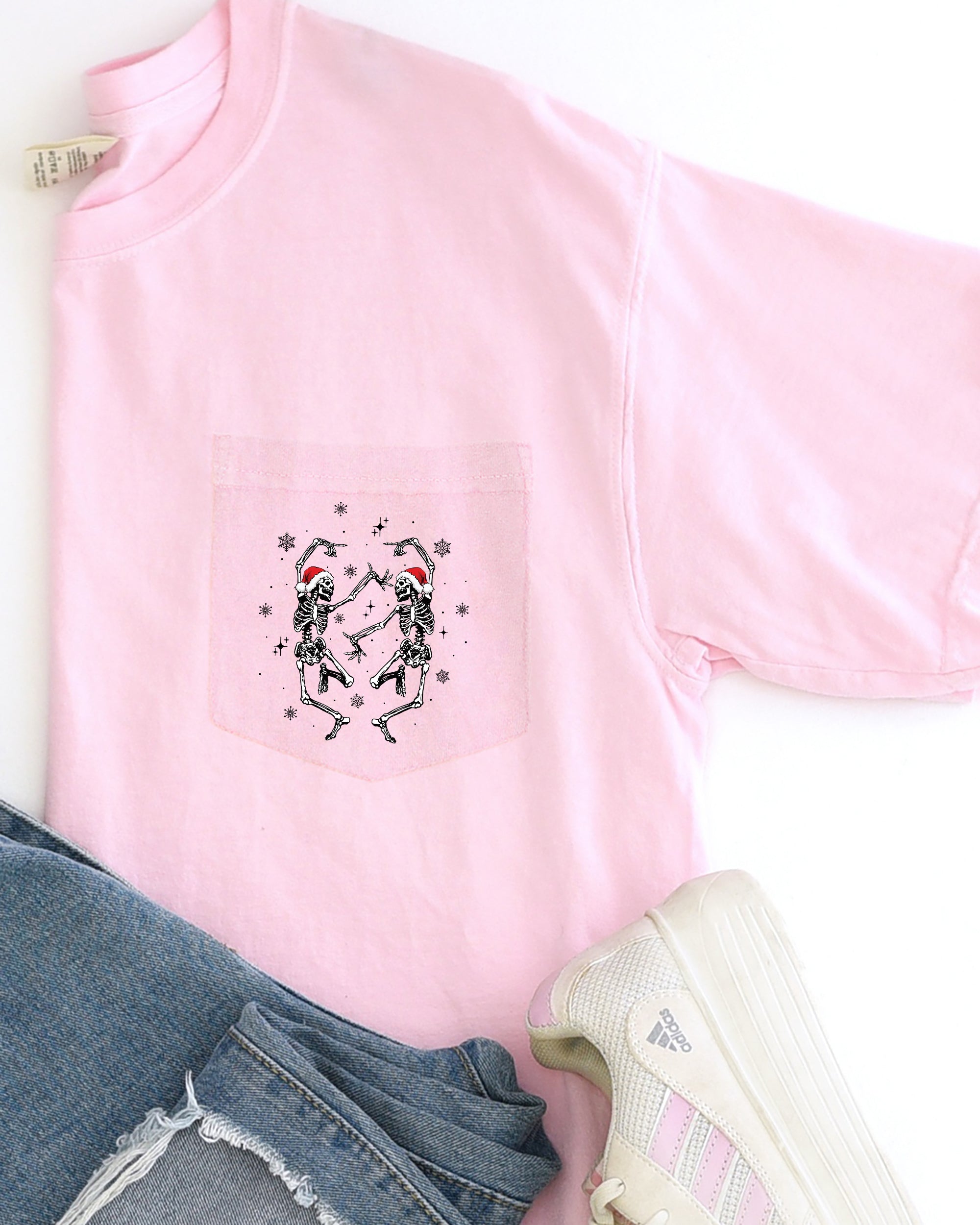 Dancing Skeletons Christmas Santa Snow Winter Xmas Pocket Design Comfort Colors Tee