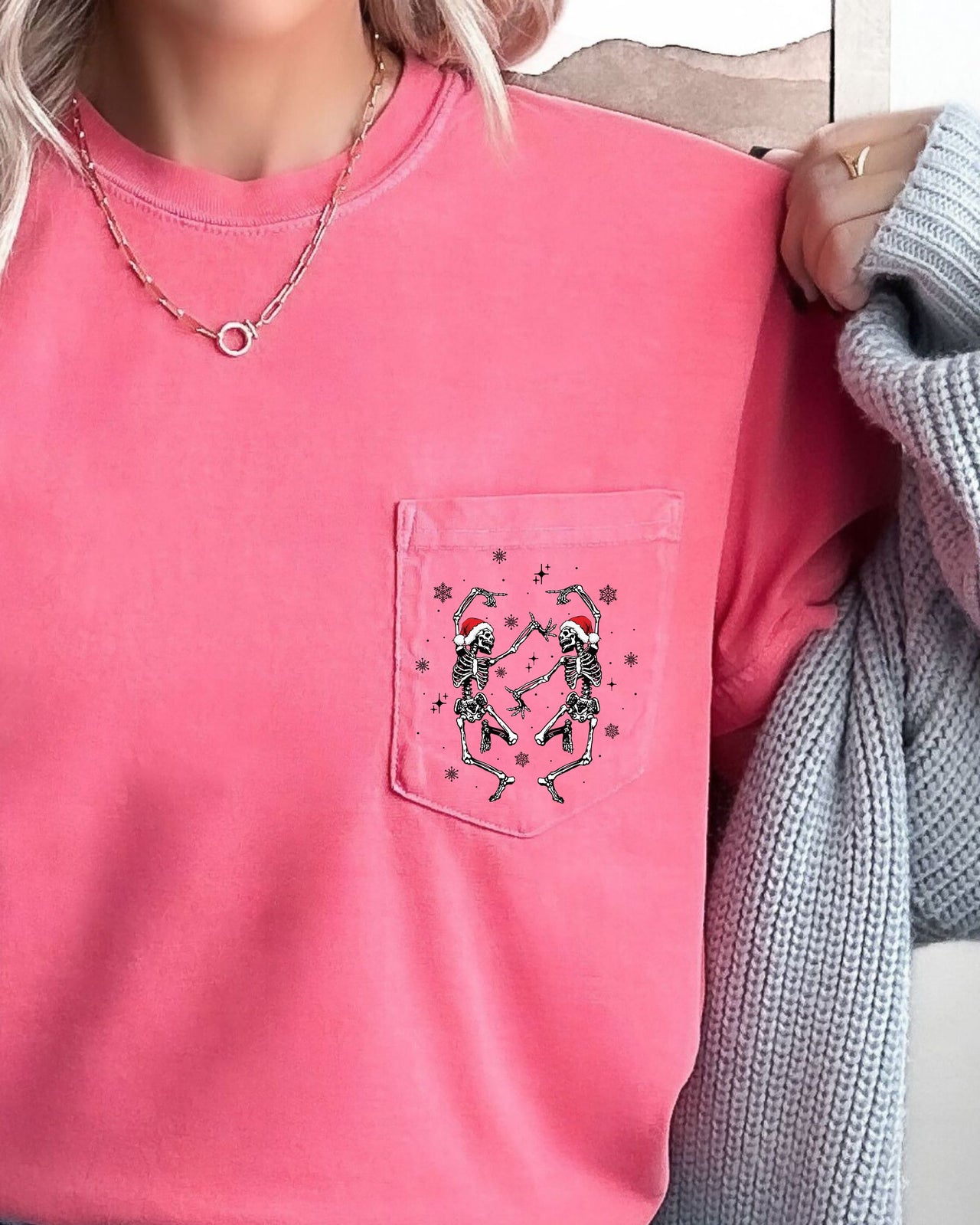 Dancing Skeletons Christmas Santa Snow Winter Xmas Pocket Design Comfort Colors Tee