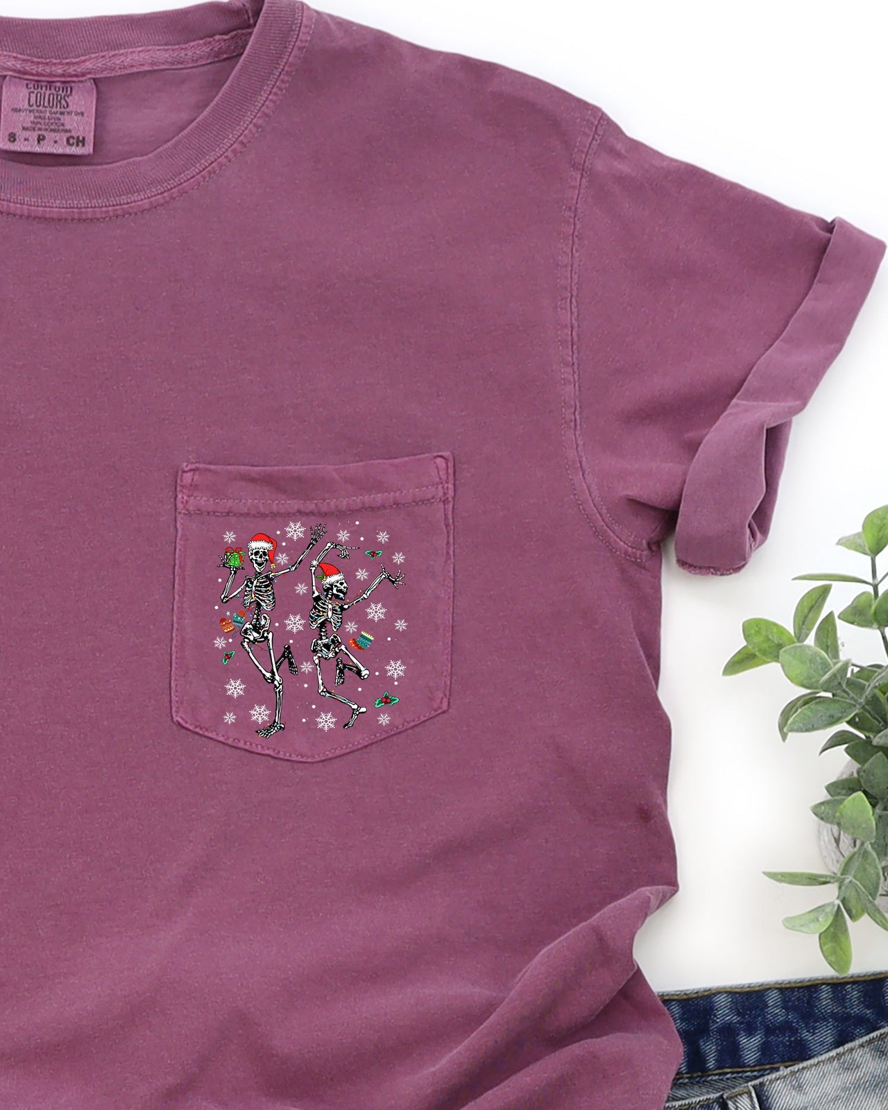 Dancing Skeletons Pocket Presents Snow Christmas Santa Winter Xmas Comfort Colors Tee