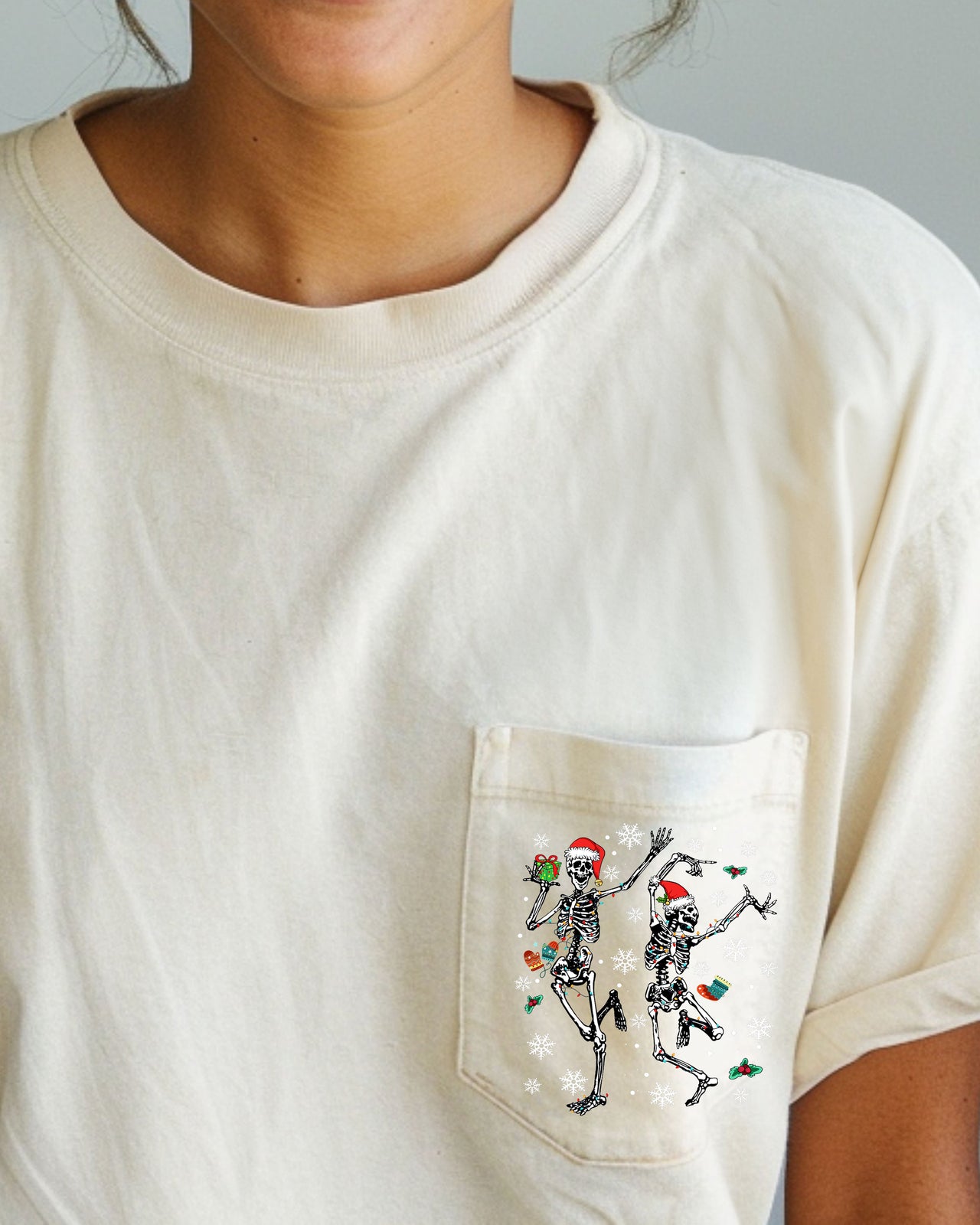 Dancing Skeletons Pocket Presents Snow Christmas Santa Winter Xmas Comfort Colors Tee