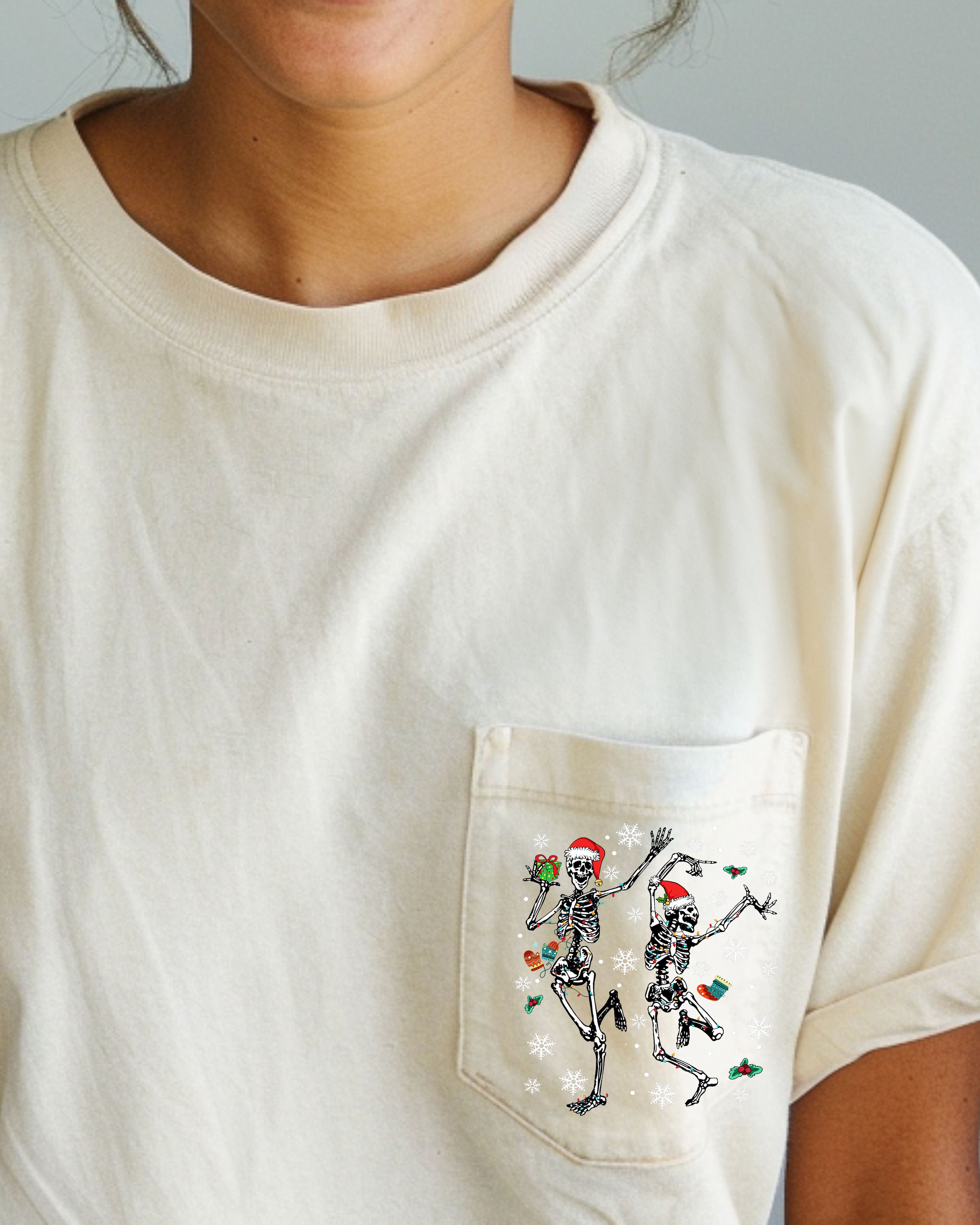 Dancing Skeletons Pocket Presents Snow Christmas Santa Winter Xmas Comfort Colors Tee