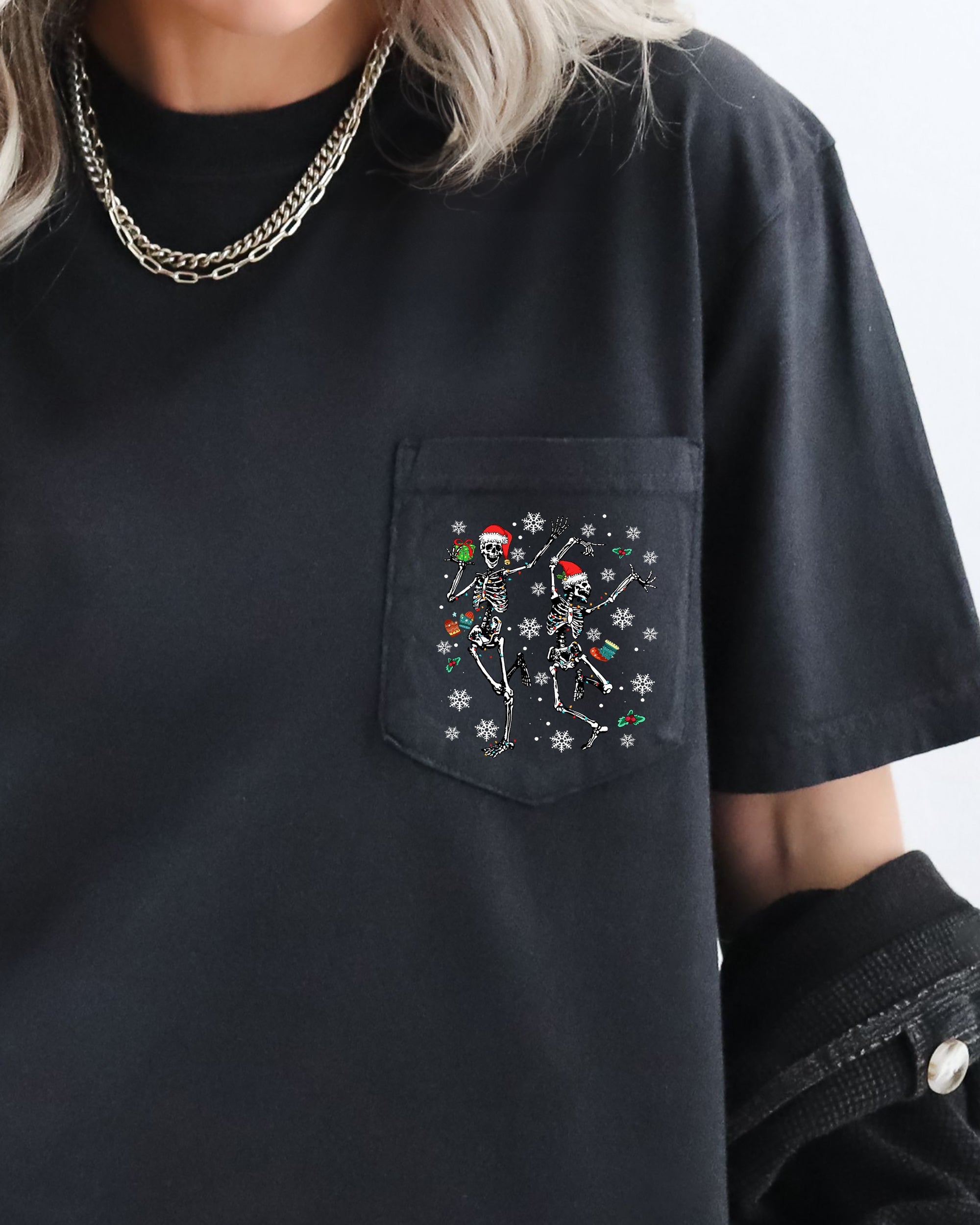 Dancing Skeletons Pocket Presents Snow Christmas Santa Winter Xmas Comfort Colors Tee