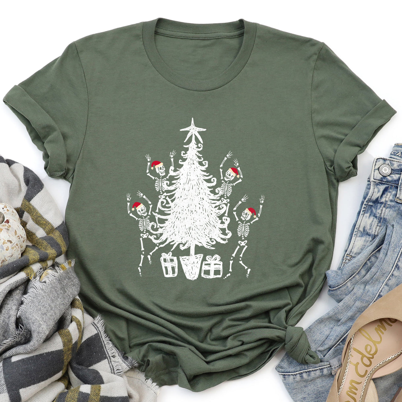 Dancing Skeletons Santa Hats Christmas Theme Graphic Tee With Festive Holiday Vibe