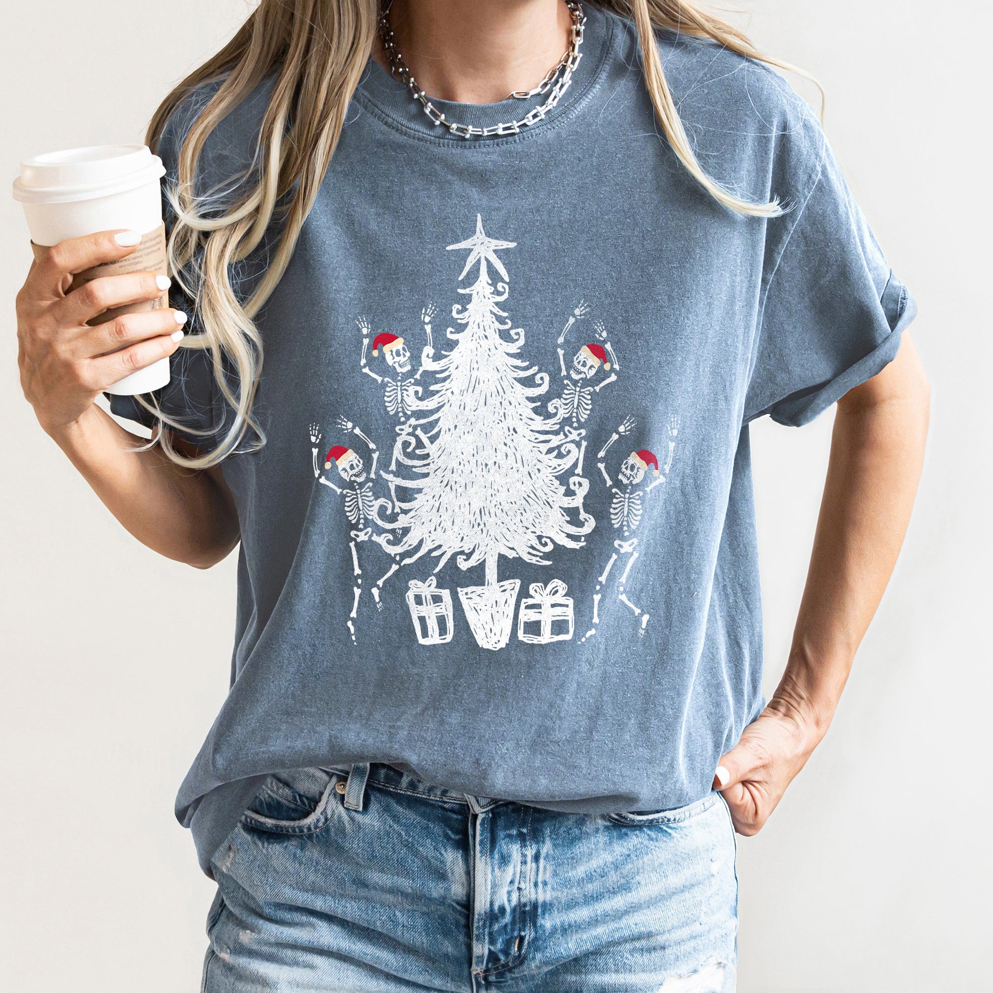 Dancing Skeletons In Santa Hats For Christmas Celebration Holiday Edition Comfort Colors Tee