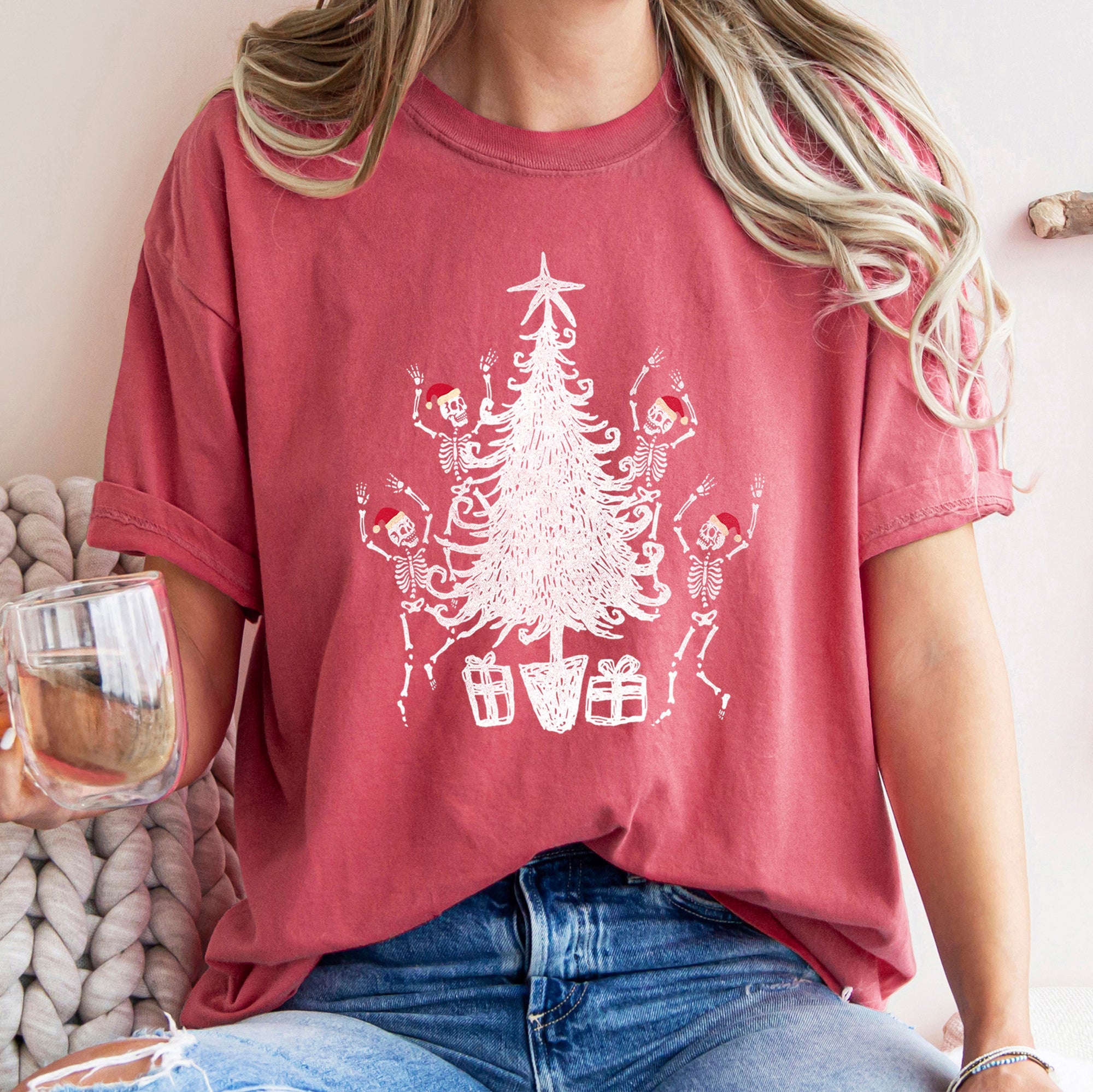 Dancing Skeletons In Santa Hats For Christmas Celebration Holiday Edition Comfort Colors Tee