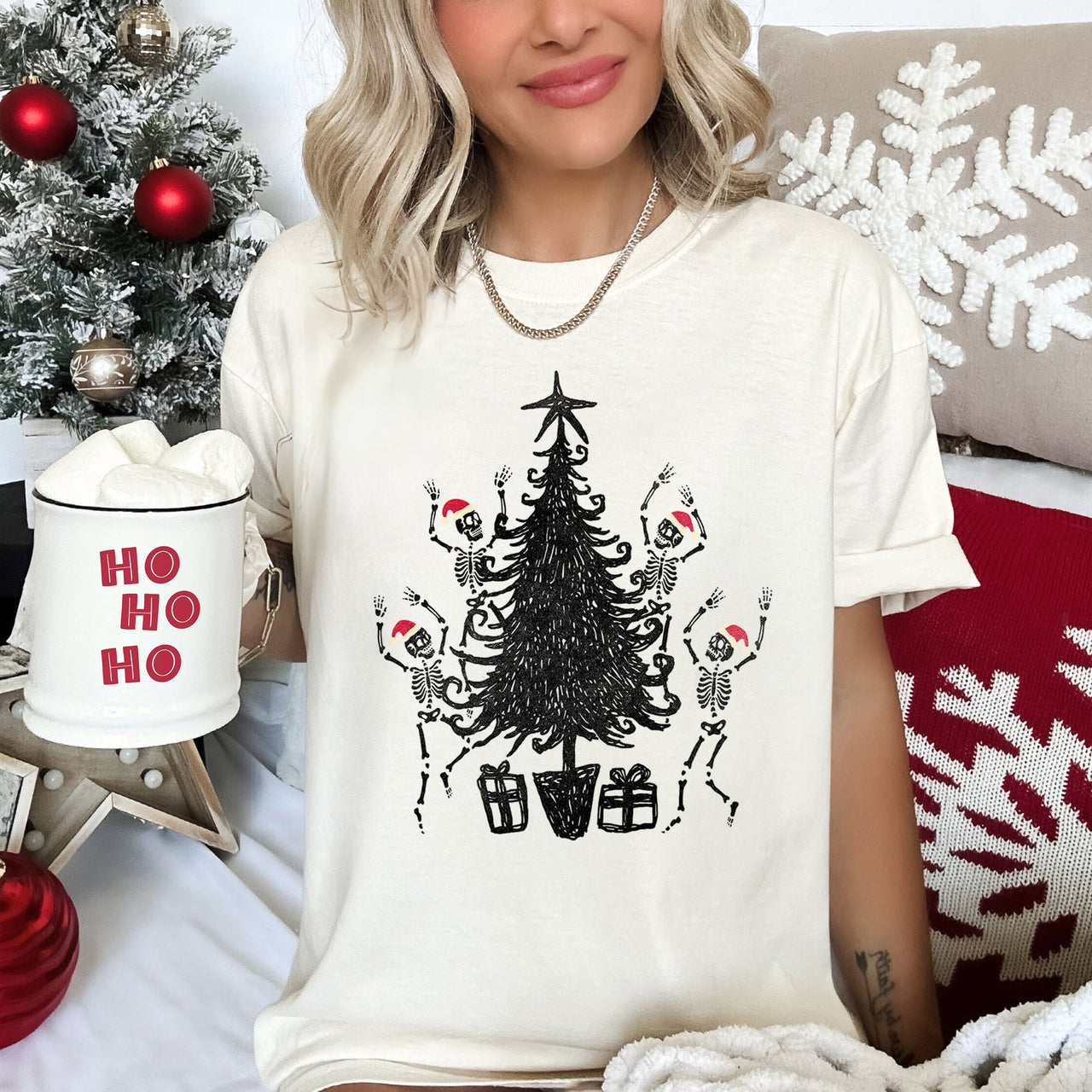 Dancing Skeletons In Santa Hats For Christmas Celebration Holiday Edition Comfort Colors Tee