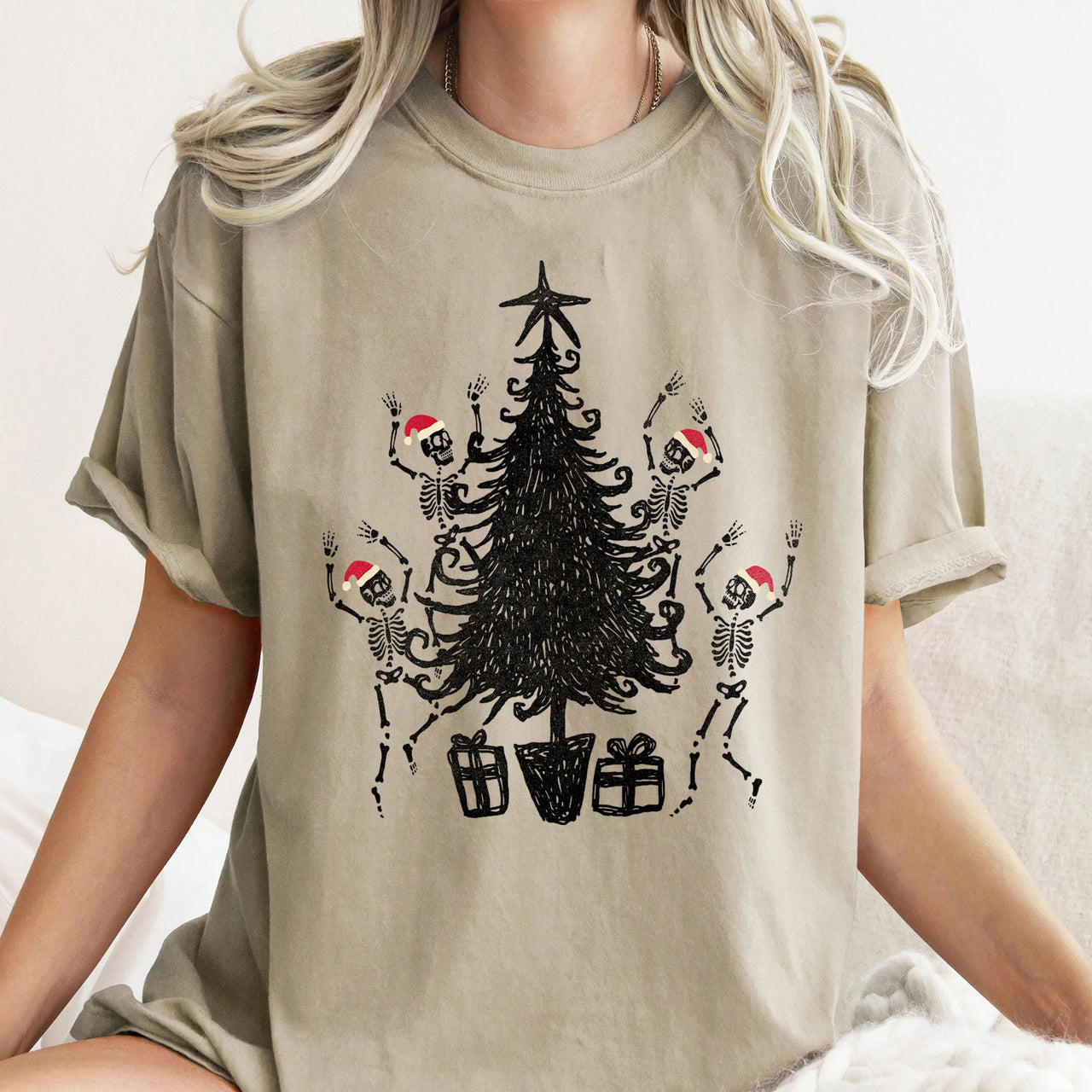 Dancing Skeletons In Santa Hats For Christmas Celebration Holiday Edition Comfort Colors Tee