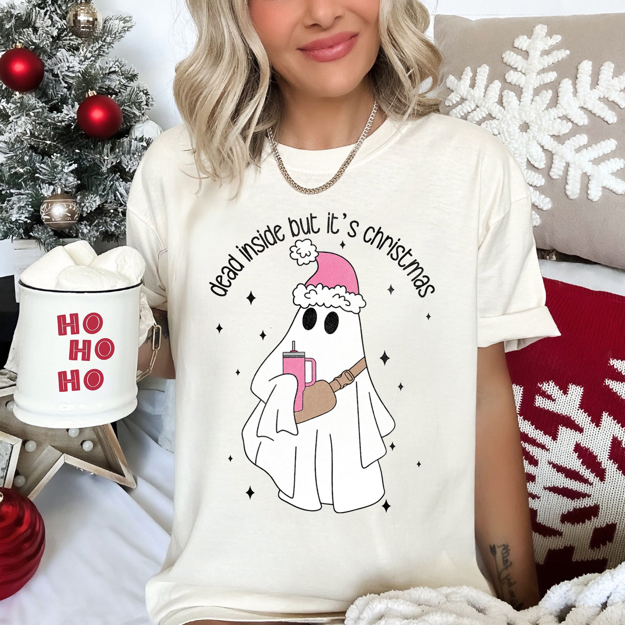 Dead Inside But It's Christmas BooJee Bougie Ghost Holiday Edition Comfort Colors Tee