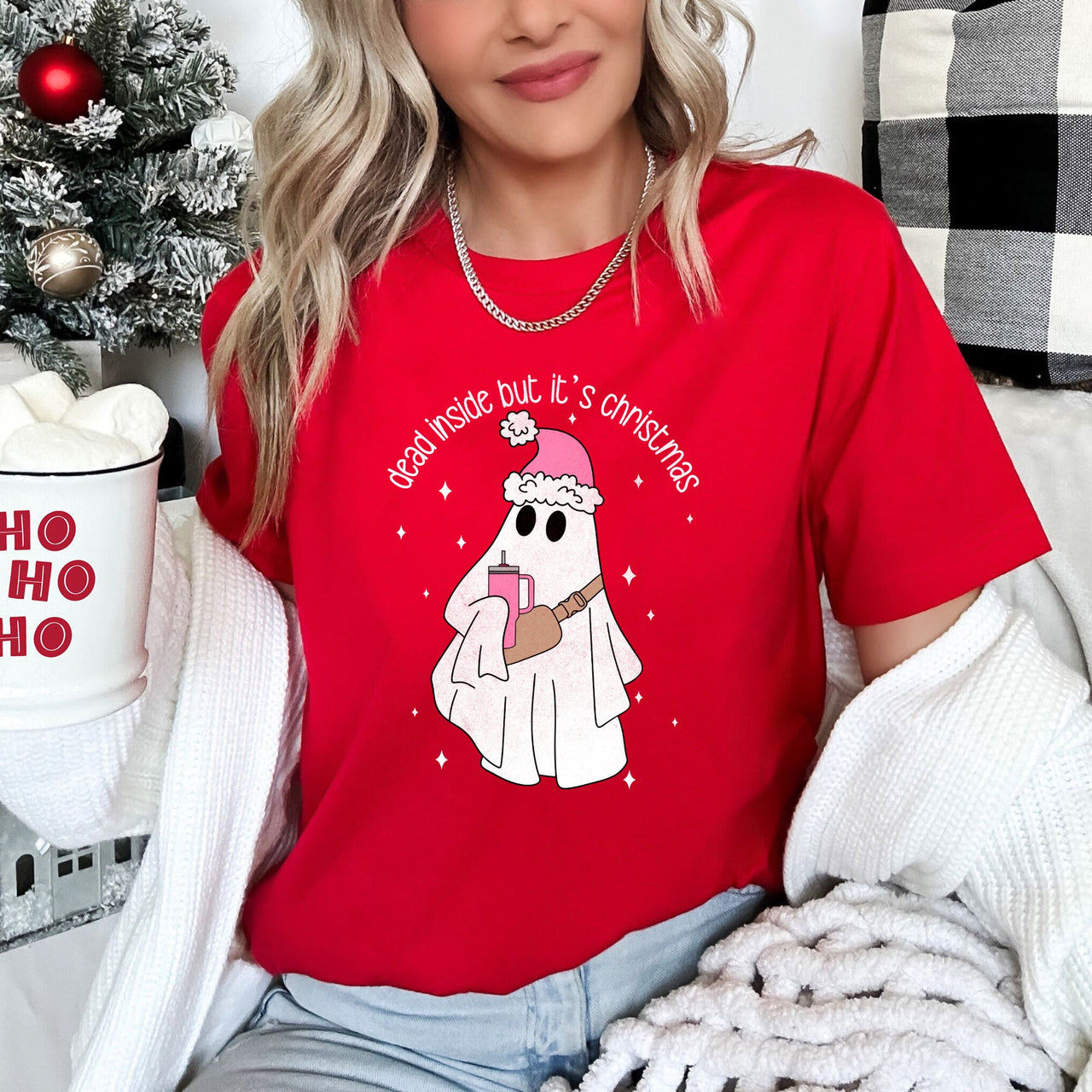 Dead Inside But It's Christmas BooJee Bougie Ghost Holiday Slogan Limited Edition Graphic Tee
