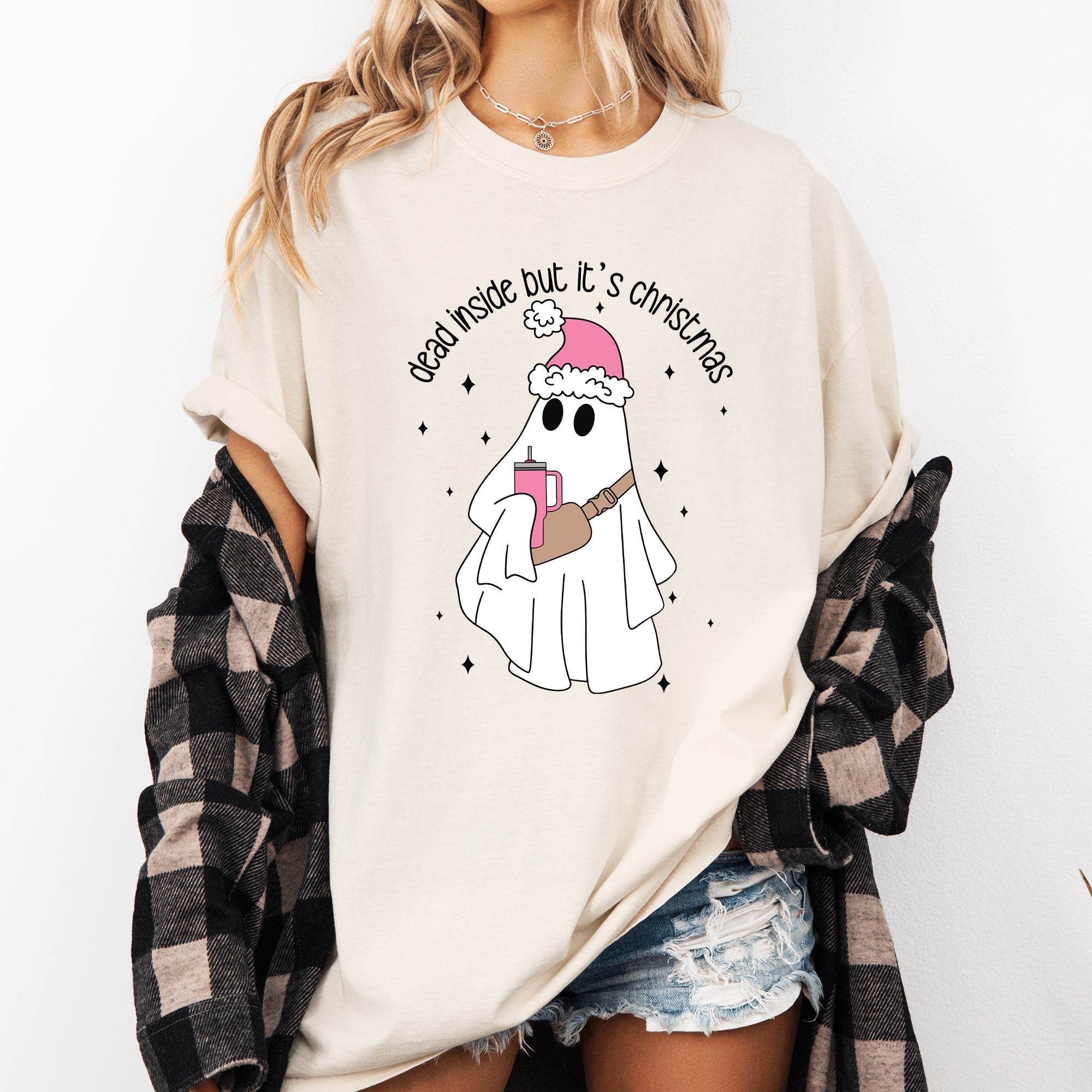 Dead Inside But It's Christmas Ghost Bougie Santa Xmas Graphic Quote Comfort Colors Tee
