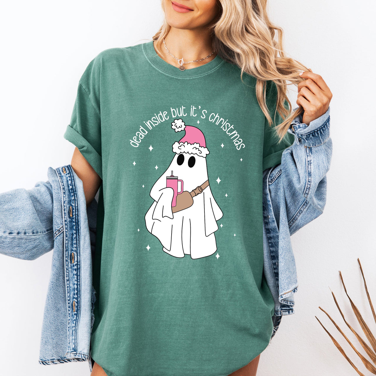 Dead Inside But It's Christmas Ghost Bougie Santa Xmas Graphic Quote Comfort Colors Tee