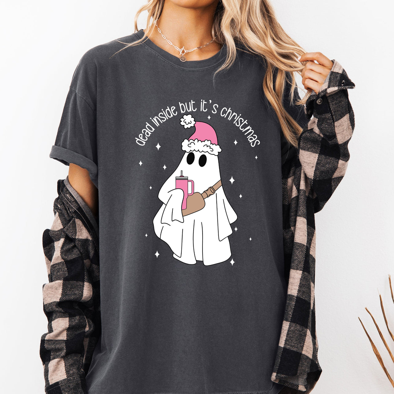 Dead Inside But It's Christmas Ghost Bougie Santa Xmas Graphic Quote Comfort Colors Tee