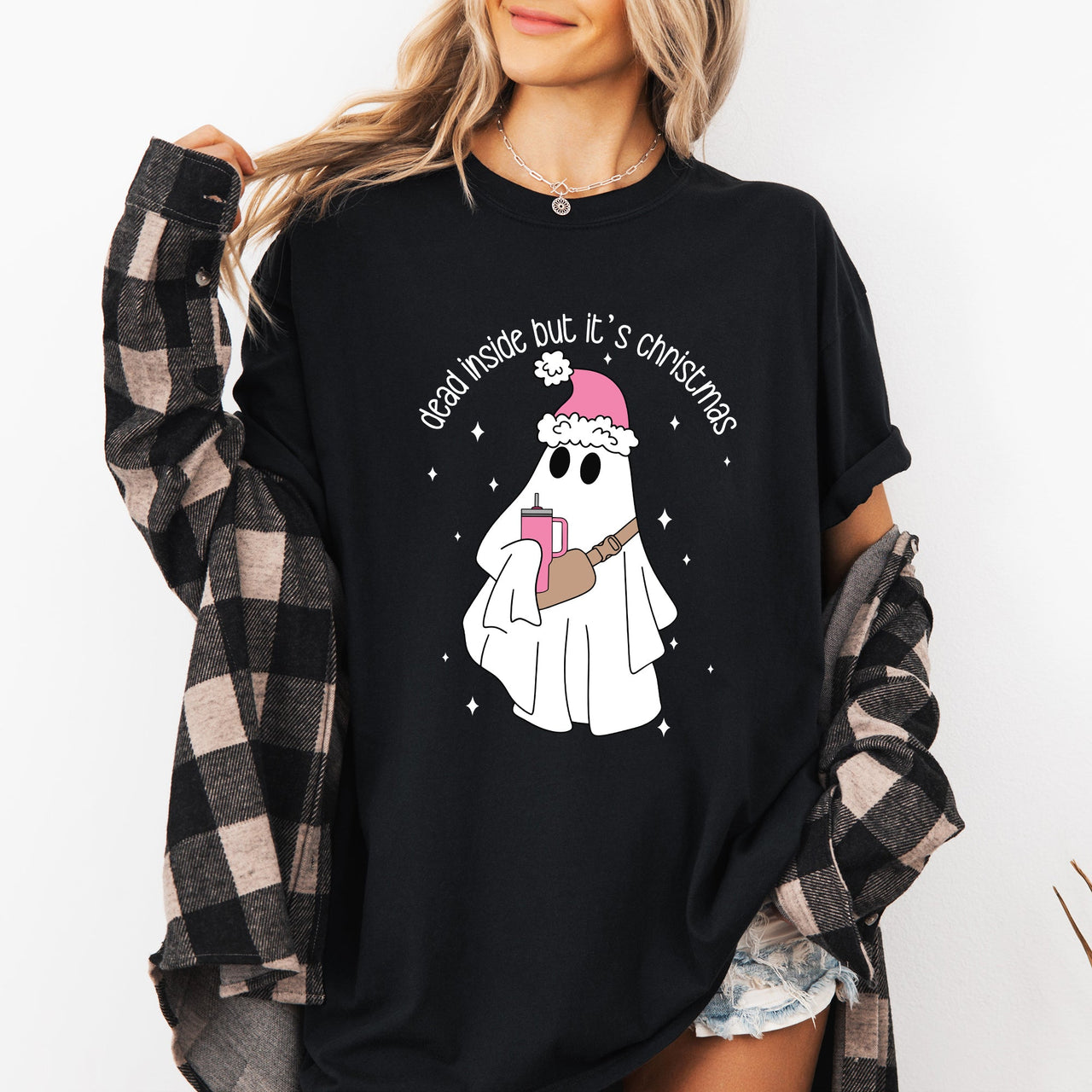 Dead Inside But It's Christmas Ghost Bougie Santa Xmas Graphic Quote Comfort Colors Tee