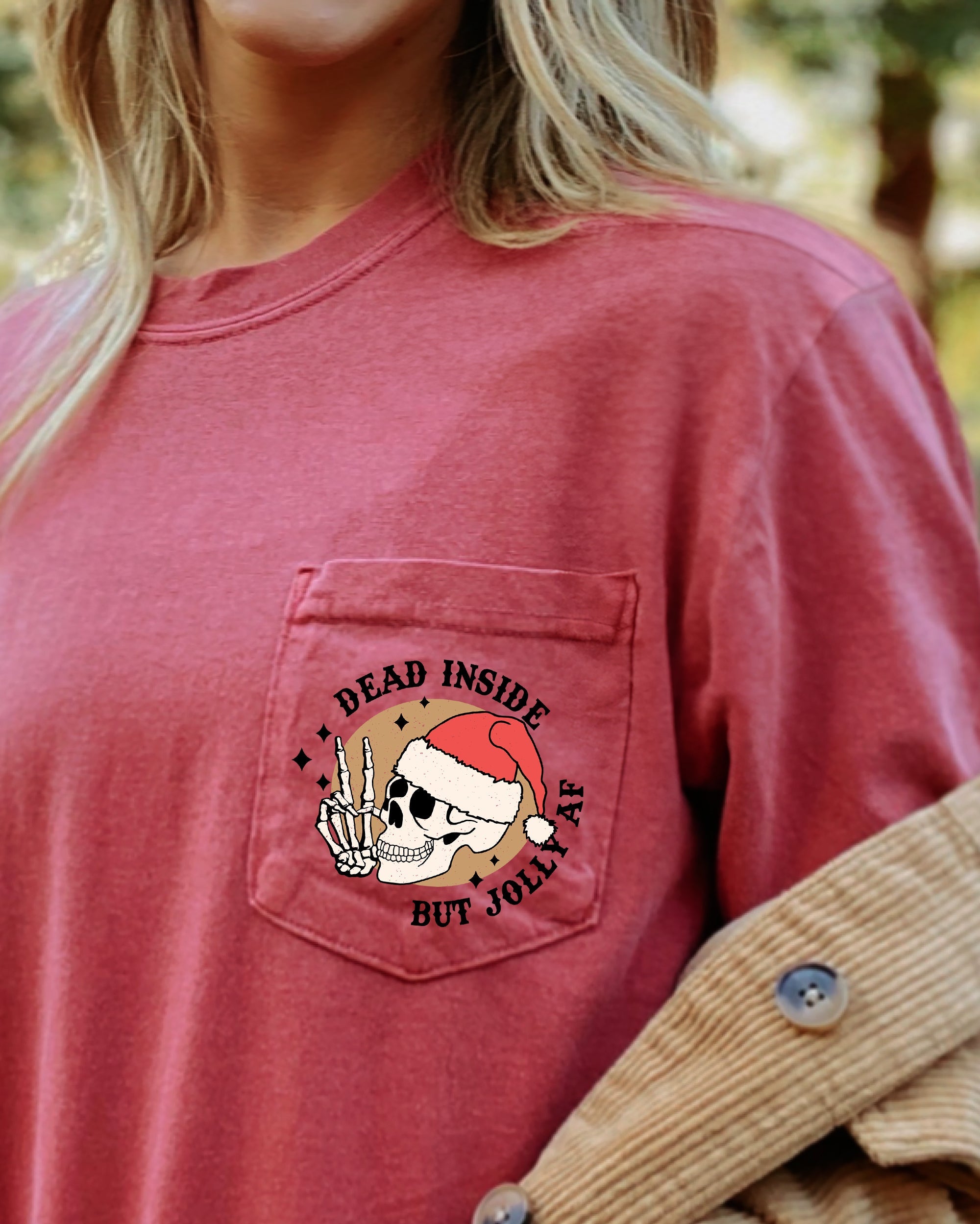 Dead Inside But Jolly Skeleton Santa Pocket With Snowy Winter Wonderland And Xmas Vibe Comfort Colors Tee