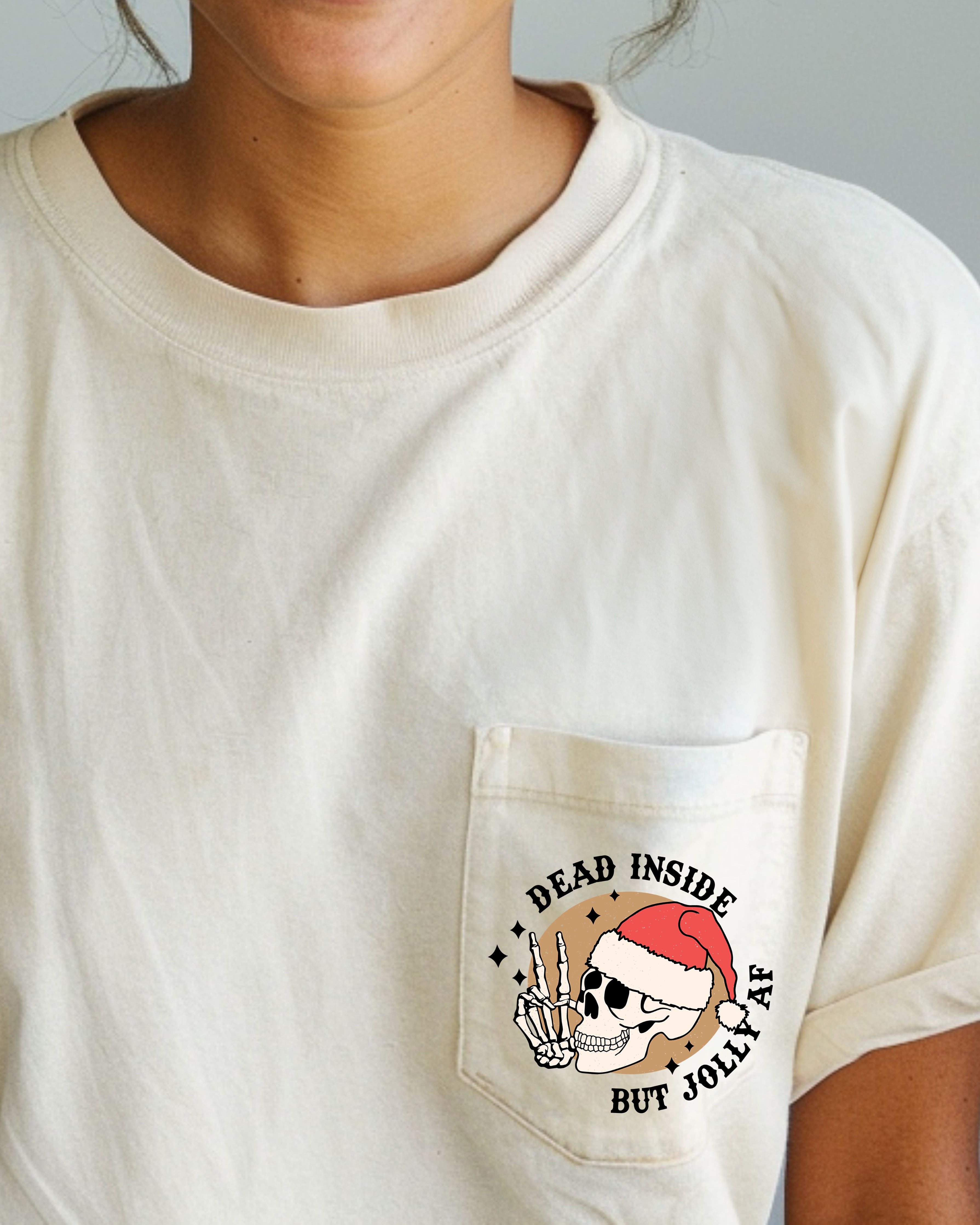 Dead Inside But Jolly Skeleton Santa Pocket With Snowy Winter Wonderland And Xmas Vibe Comfort Colors Tee