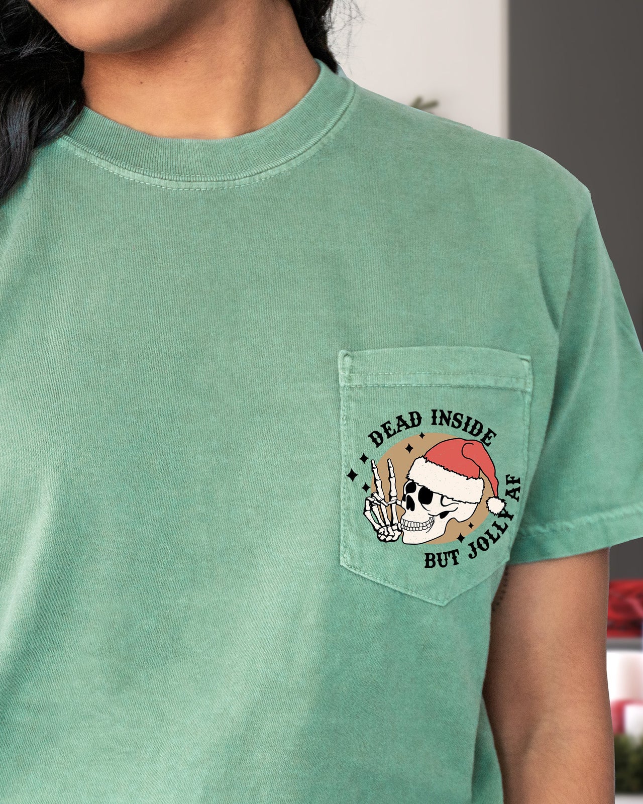 Dead Inside But Jolly Skeleton Santa Pocket With Snowy Winter Wonderland And Xmas Vibe Comfort Colors Tee