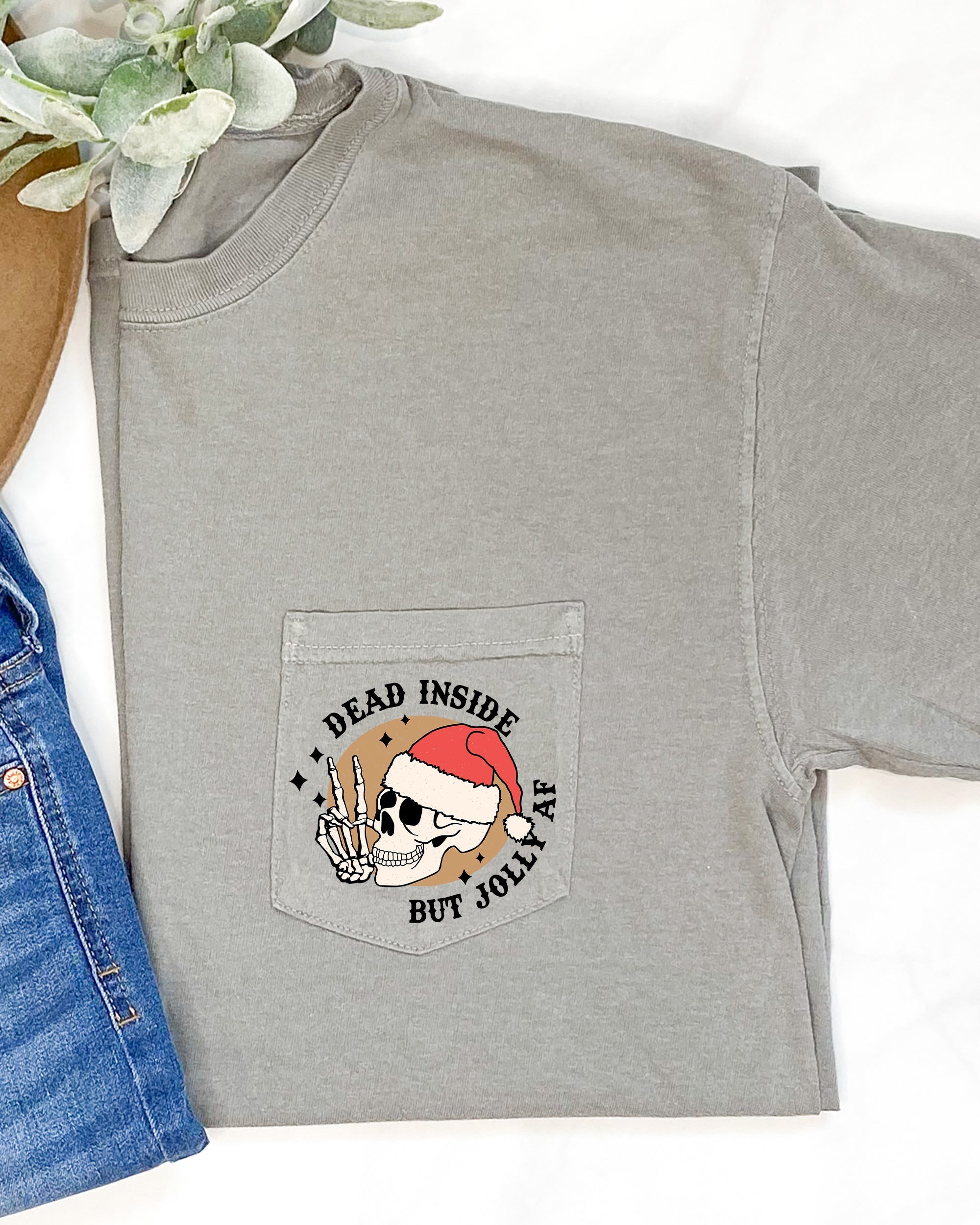 Dead Inside But Jolly Skeleton Santa Pocket With Snowy Winter Wonderland And Xmas Vibe Comfort Colors Tee