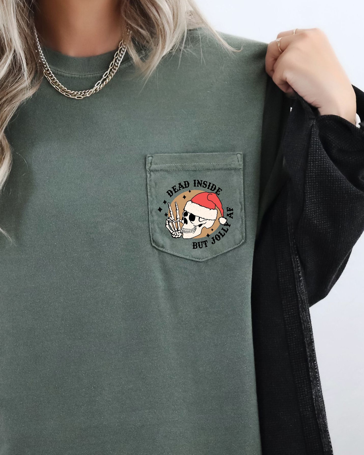 Dead Inside But Jolly Skeleton Santa Pocket With Snowy Winter Wonderland And Xmas Vibe Comfort Colors Tee