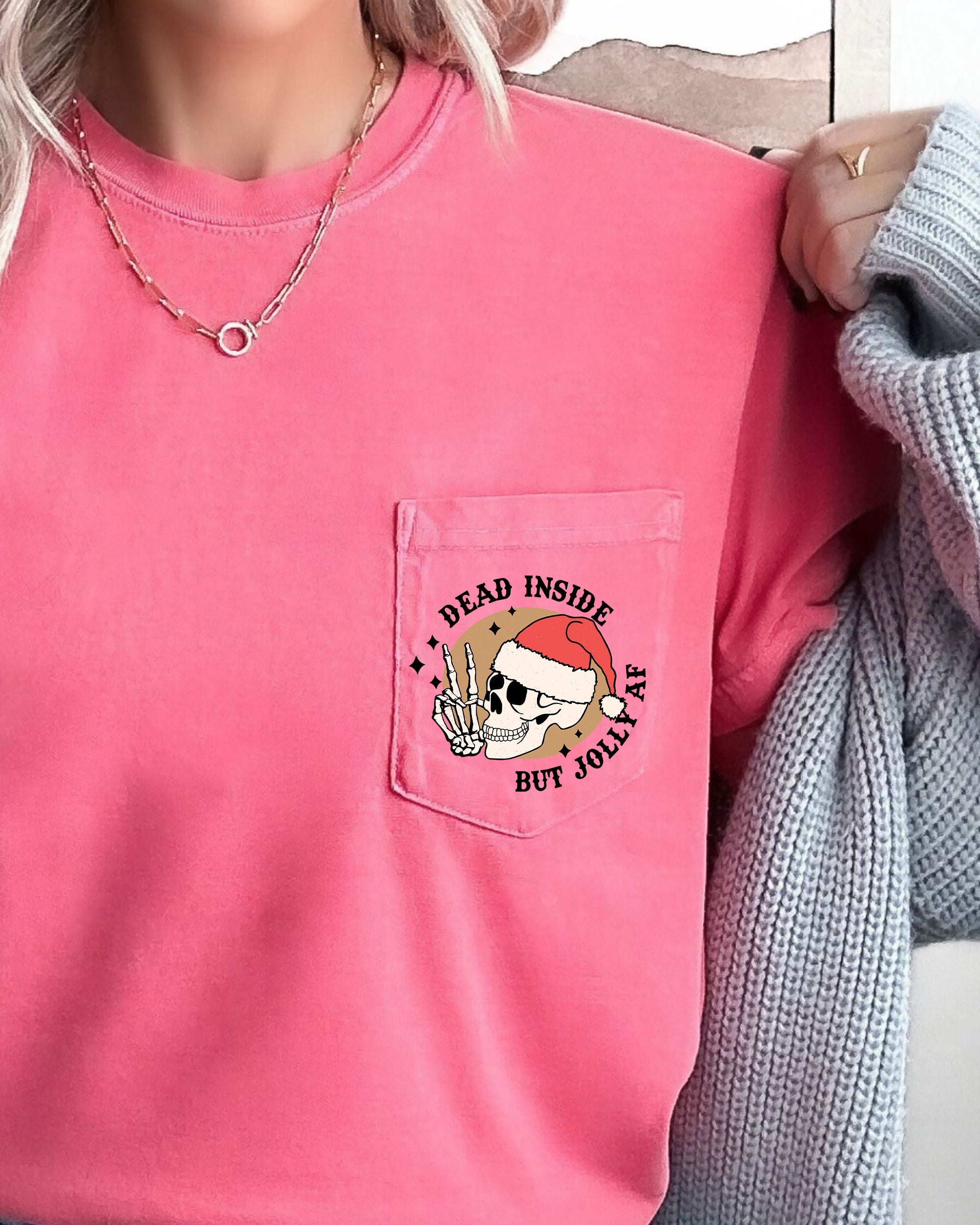 Dead Inside But Jolly Skeleton Santa Pocket With Snowy Winter Wonderland And Xmas Vibe Comfort Colors Tee