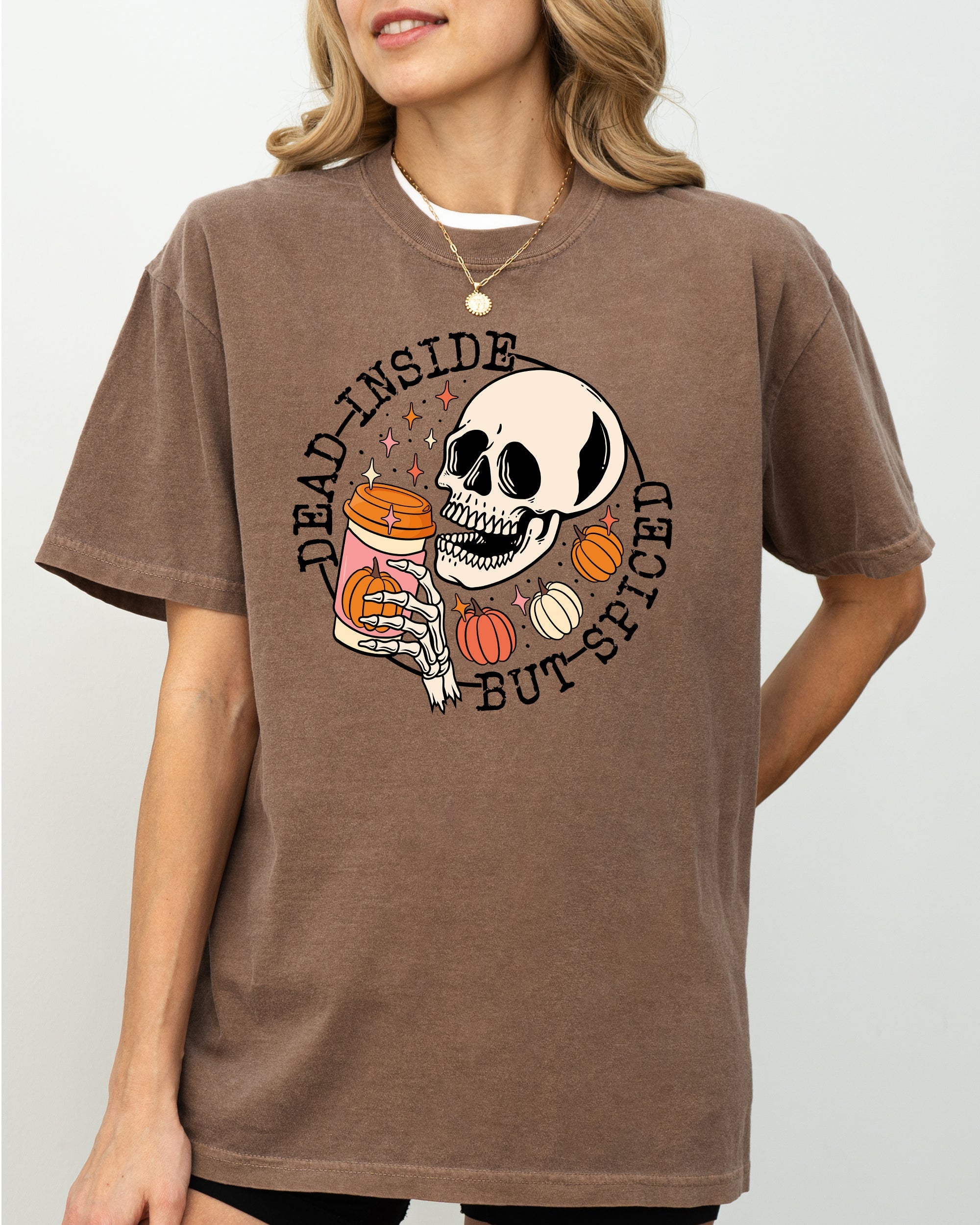 Dead Inside But Spiced Pumpkin Spice Latte Skeleton Halloween Fall Thanksgiving Comfort Colors Tee