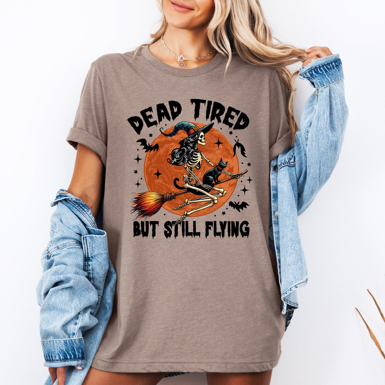 Dead Tired But Still Flying Halloween Witch Design With Spooky Spirit Theme Graphic Tee