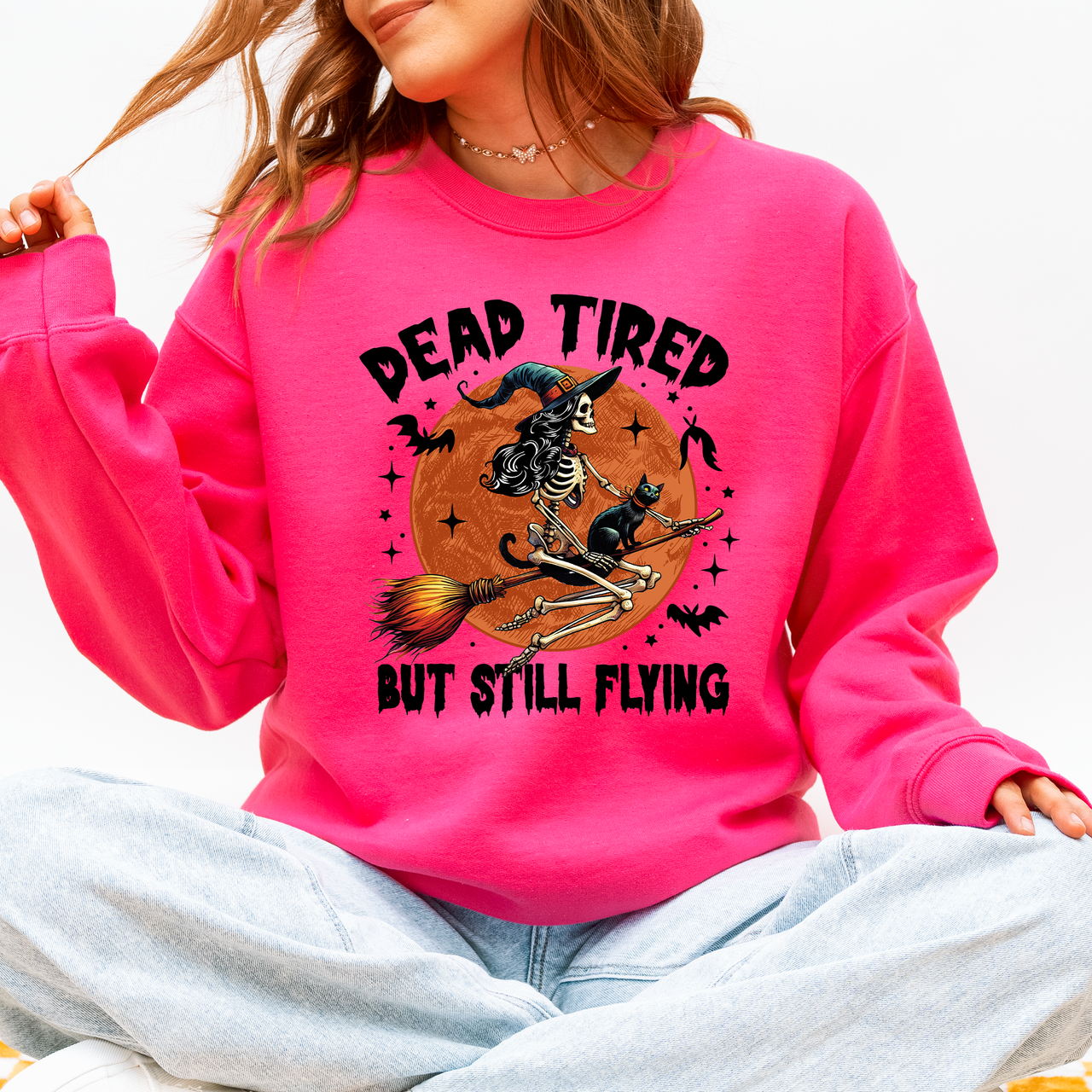 Dead Tired But Still Flying Halloween Witch Motif With Spooky Moonlit Night And Cozy Vibes Sweatshirt