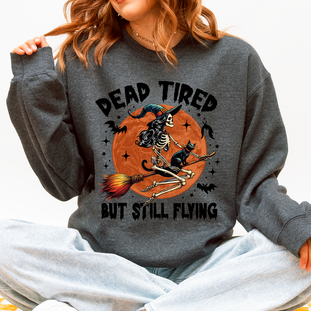 Dead Tired But Still Flying Halloween Witch Motif With Spooky Moonlit Night And Cozy Vibes Sweatshirt