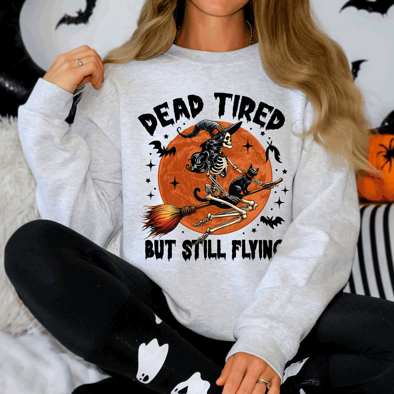 Dead Tired But Still Flying Halloween Witch Motif With Spooky Moonlit Night And Cozy Vibes Sweatshirt