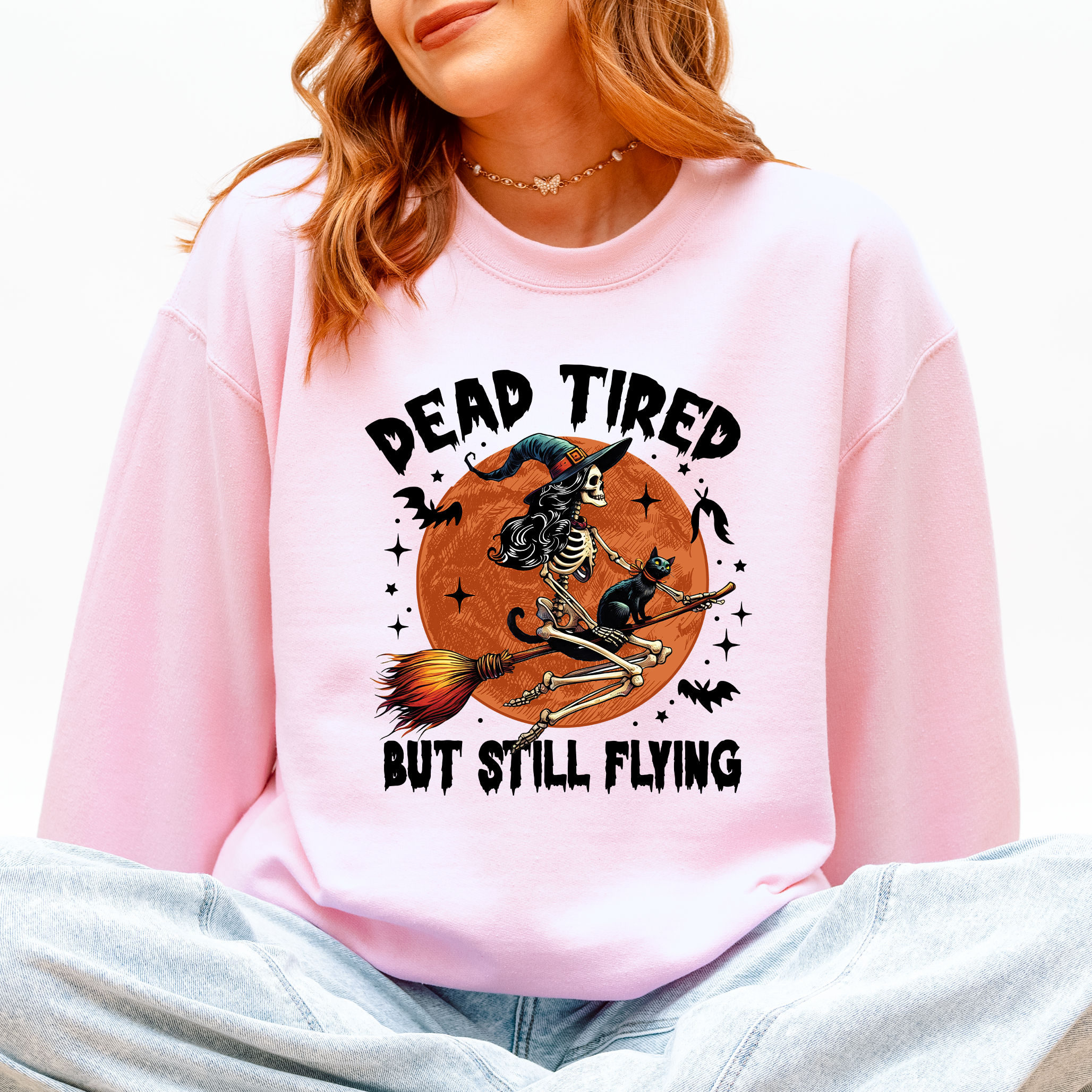 Dead Tired But Still Flying Halloween Witch Motif With Spooky Moonlit Night And Cozy Vibes Sweatshirt