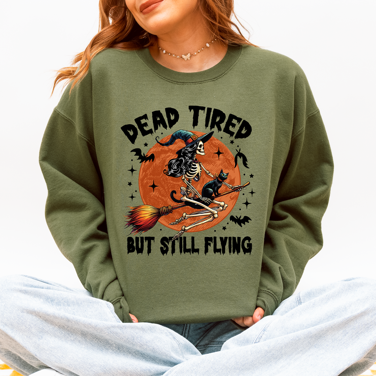Dead Tired But Still Flying Halloween Witch Motif With Spooky Moonlit Night And Cozy Vibes Sweatshirt