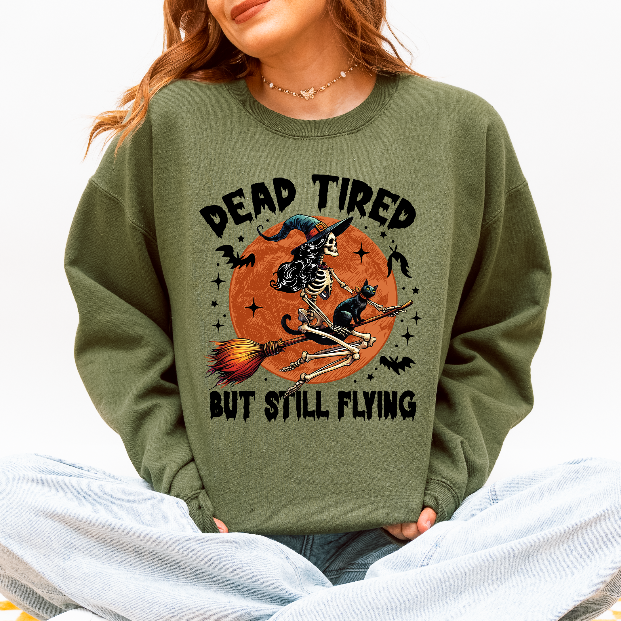 Dead Tired But Still Flying Halloween Witch Motif With Spooky Moonlit Night And Cozy Vibes Sweatshirt
